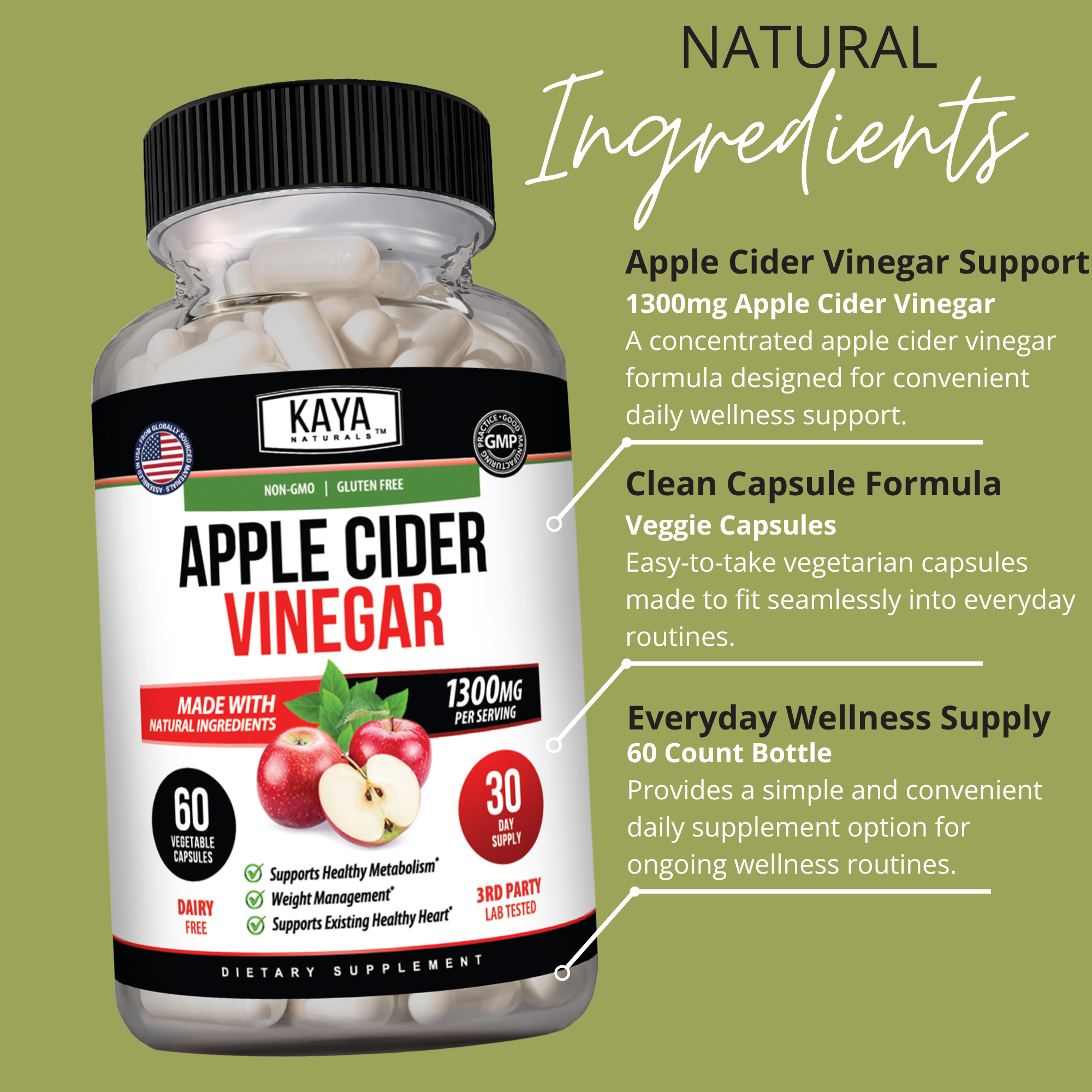Kaya Naturals Apple Cider Vinegar Capsules in a white bottle, showing the label and capsule contents inside.