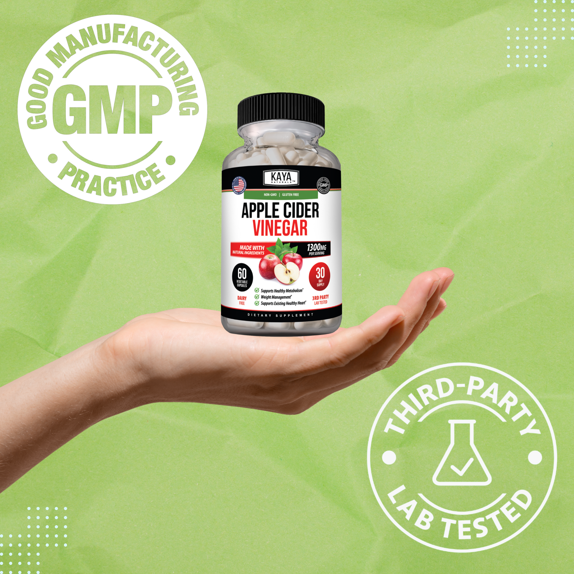 Kaya Naturals Apple Cider Vinegar Capsules in a white bottle, showing the label and 60 capsules inside.