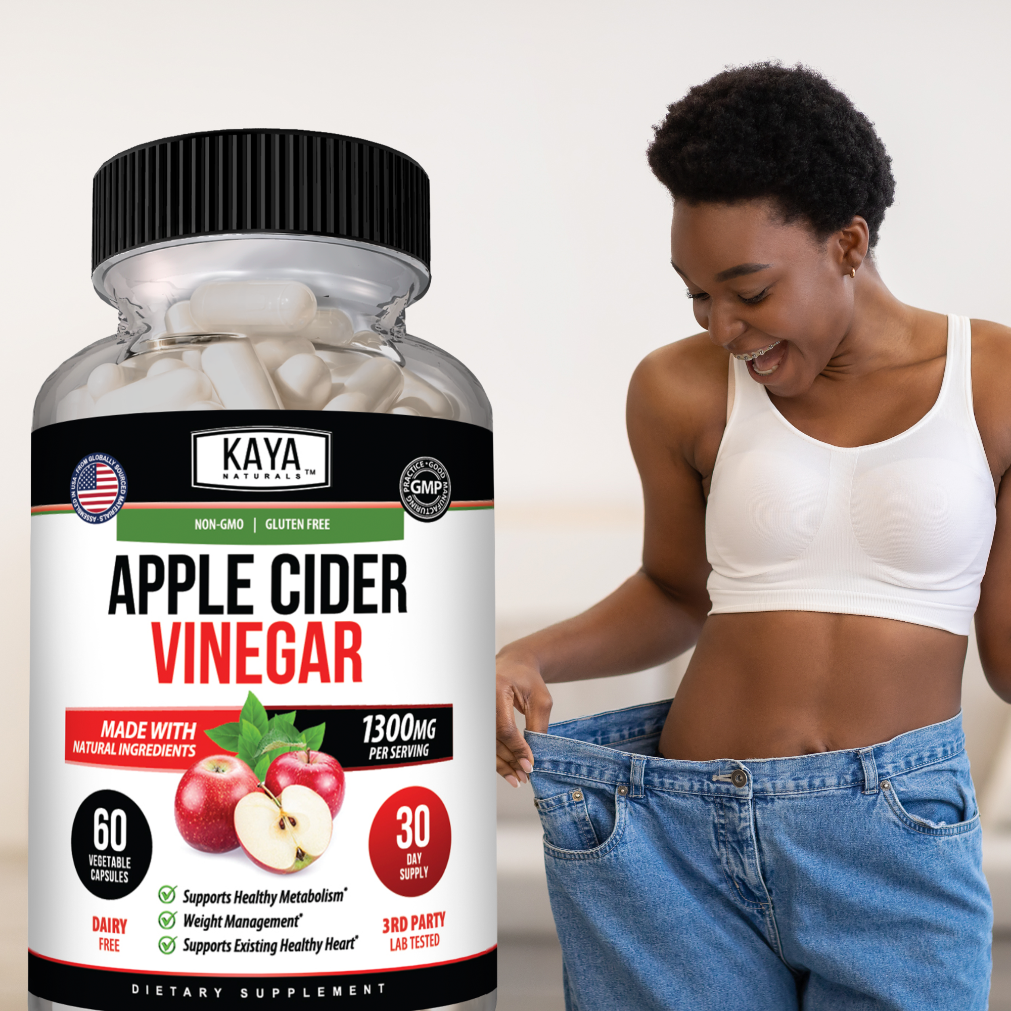 Kaya Naturals Apple Cider Vinegar Capsules in a white bottle with 60 capsules, showing the product label and capsules inside