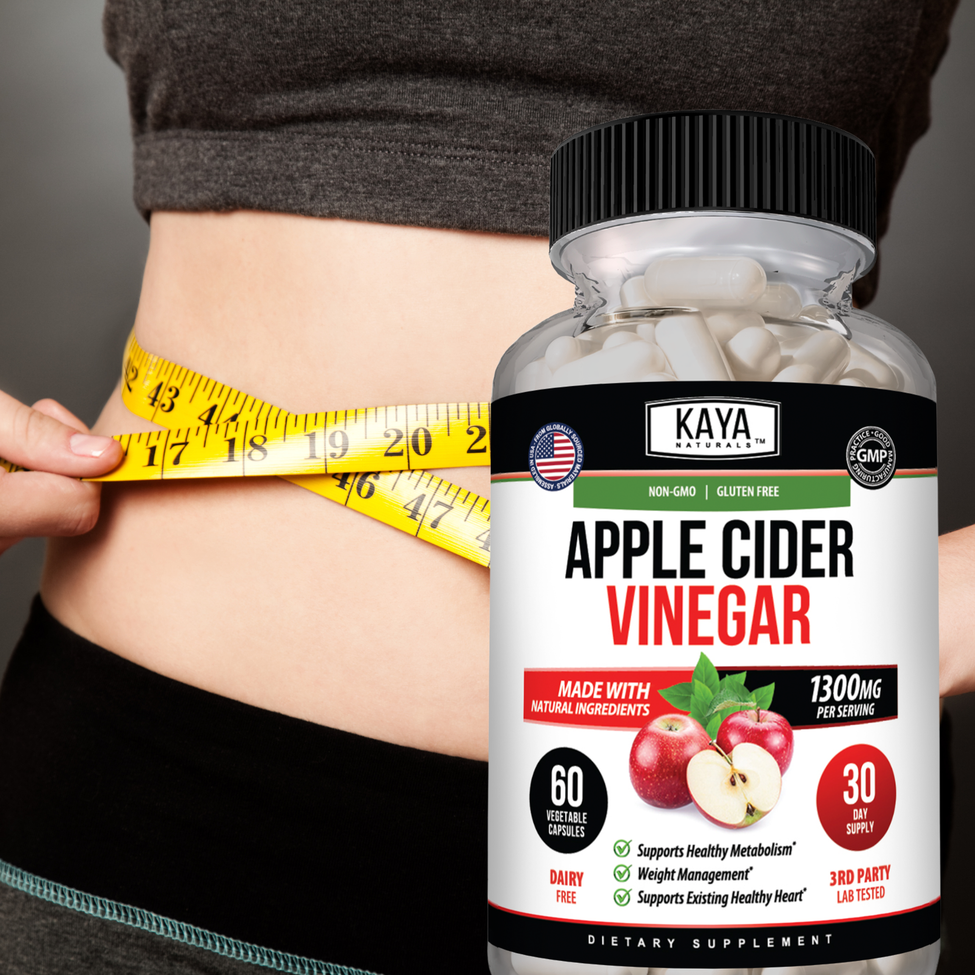 Kaya Naturals Apple Cider Vinegar Capsules in a bottle, showing 60 capsules for health and wellness supplementation.