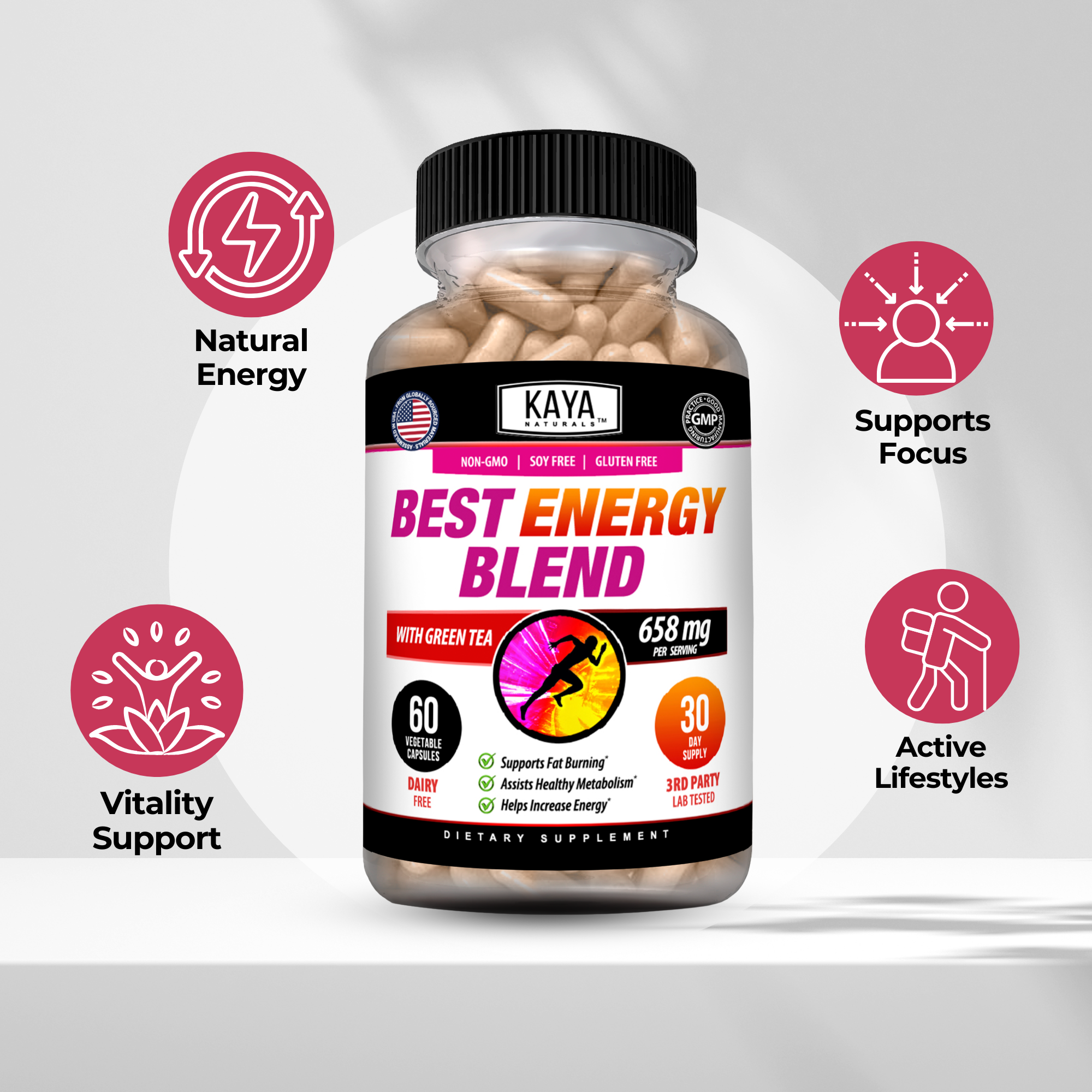 Kaya Naturals Best Energy Blend in a resealable bag, showcasing a colorful mix of herbs and natural ingredients.
