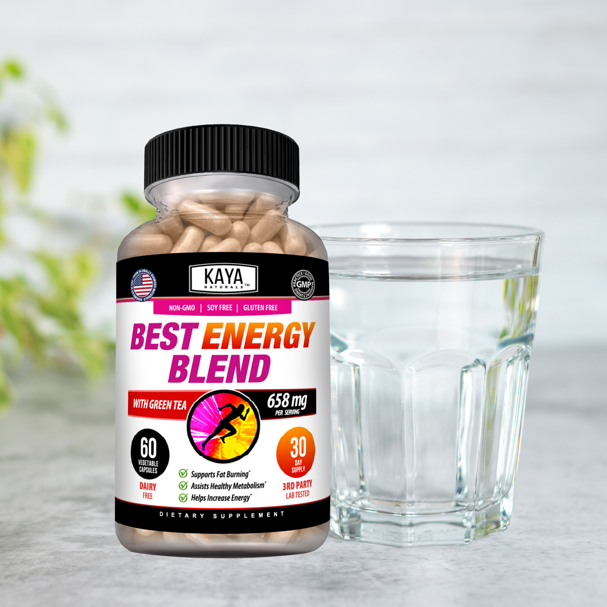 Kaya Naturals Best Energy Blend in a jar, featuring a mix of natural ingredients for an energizing dietary supplement.