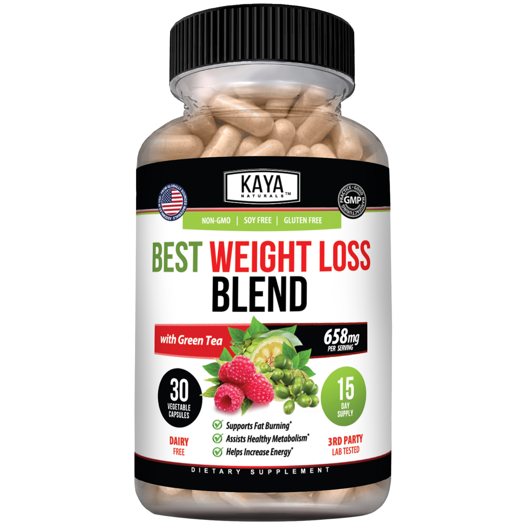 Kaya Naturals Best Weight Loss Blend in a jar, showcasing the herbal supplement with a blend of natural ingredients.