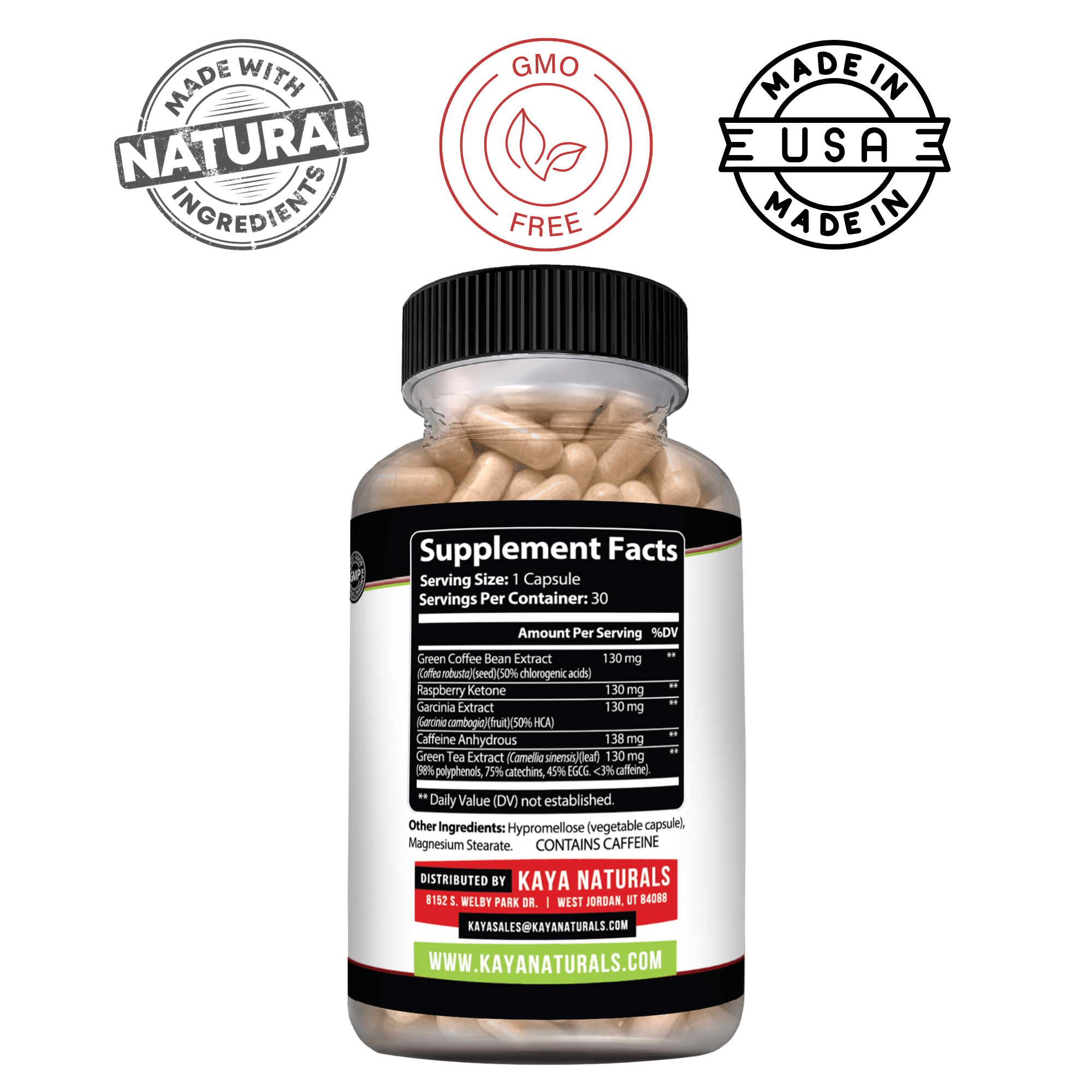 Bottle of Kaya Naturals Best Weight Loss Blend supplement with label showing natural ingredients in clear view.