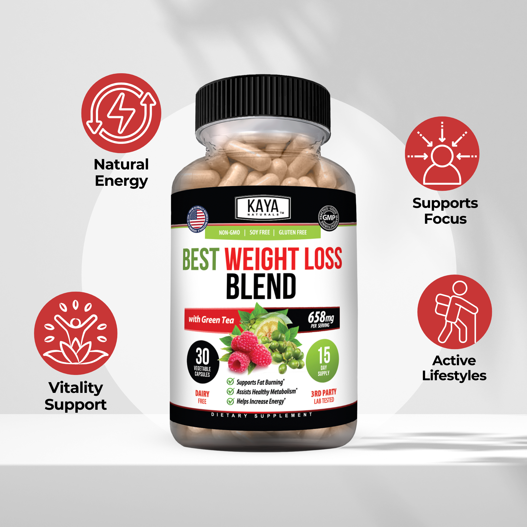 Kaya Naturals Best Weight Loss Blend in a jar, featuring herbal supplement ingredients for natural weight management.