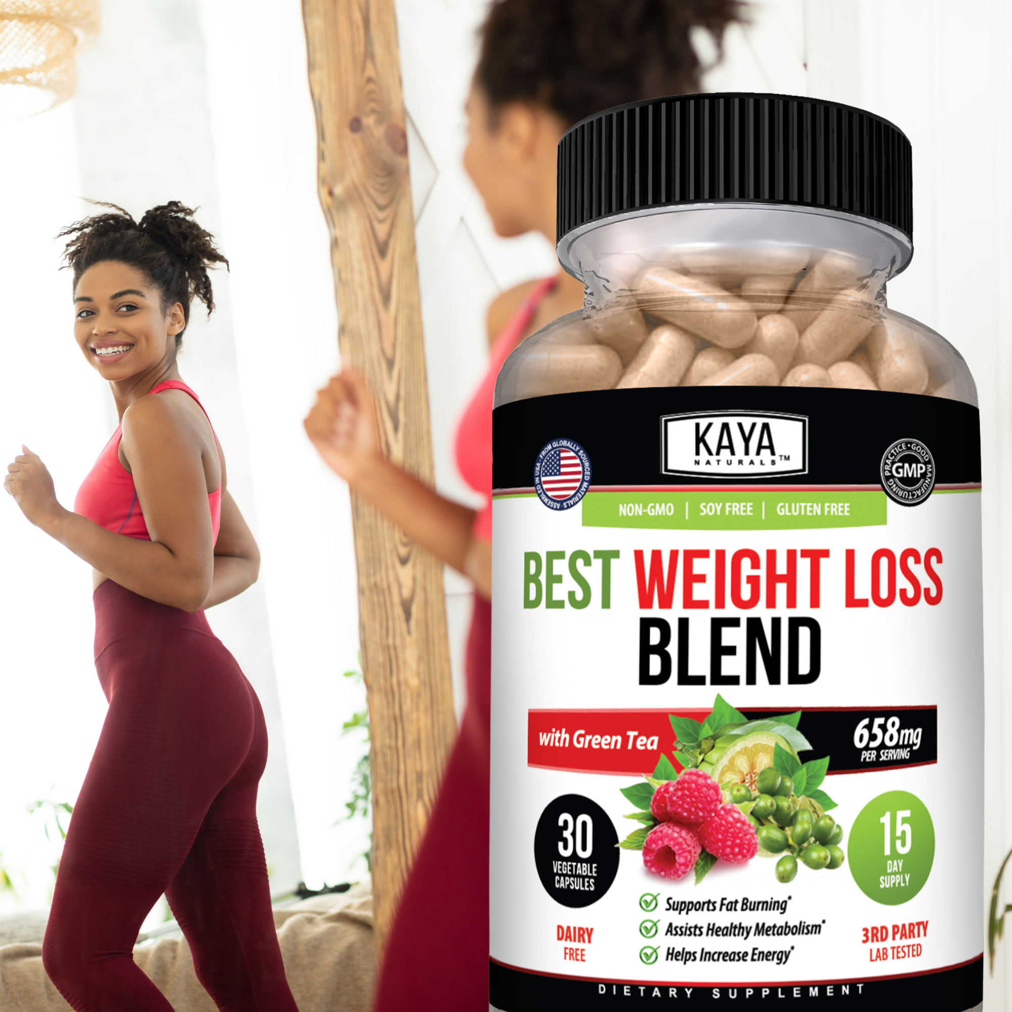 Kaya Naturals Best Weight Loss Blend package with label, featuring natural supplement ingredients in a clear container on a white background.