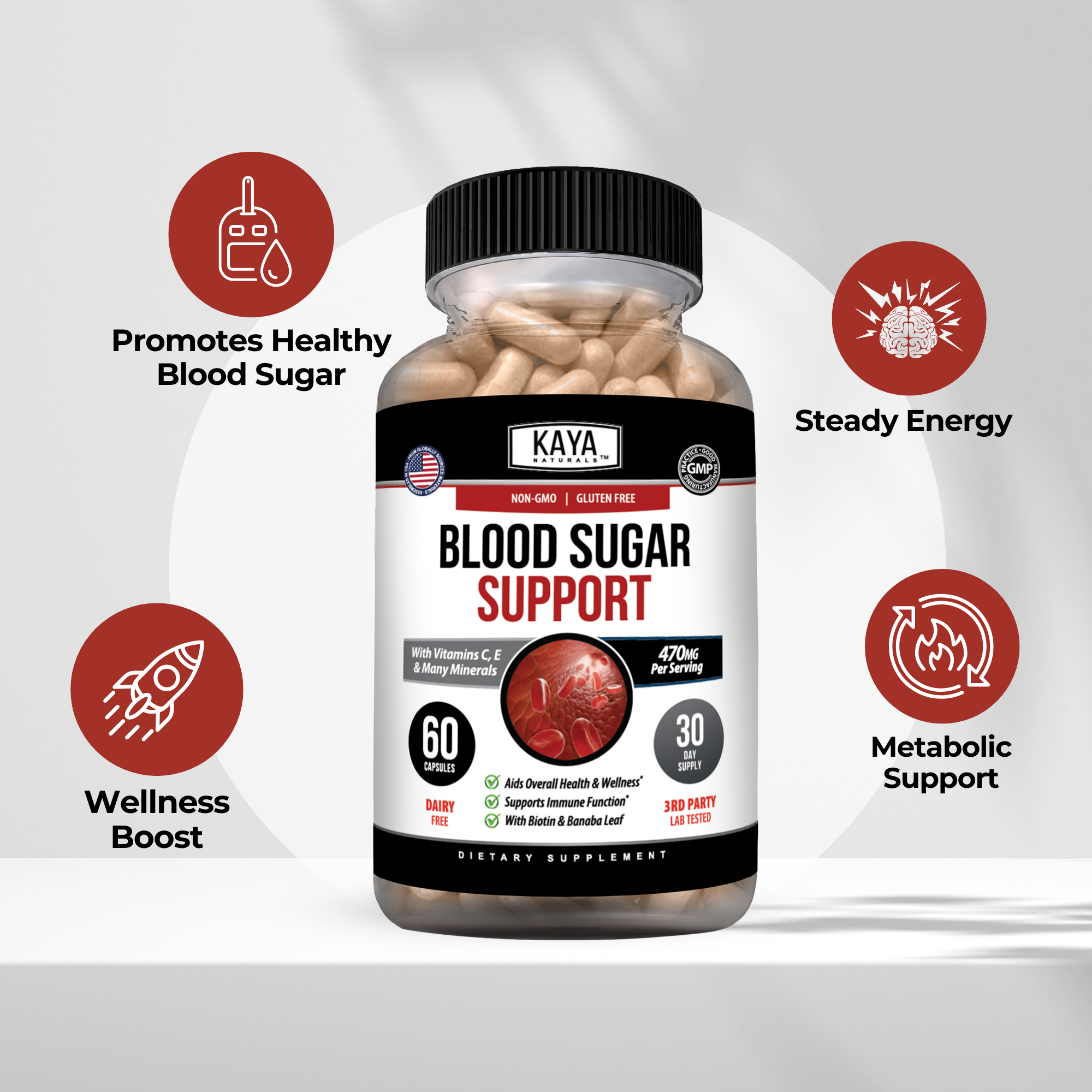 Bottle of Kaya Naturals Blood Sugar Support supplement with labels and capsules visible.