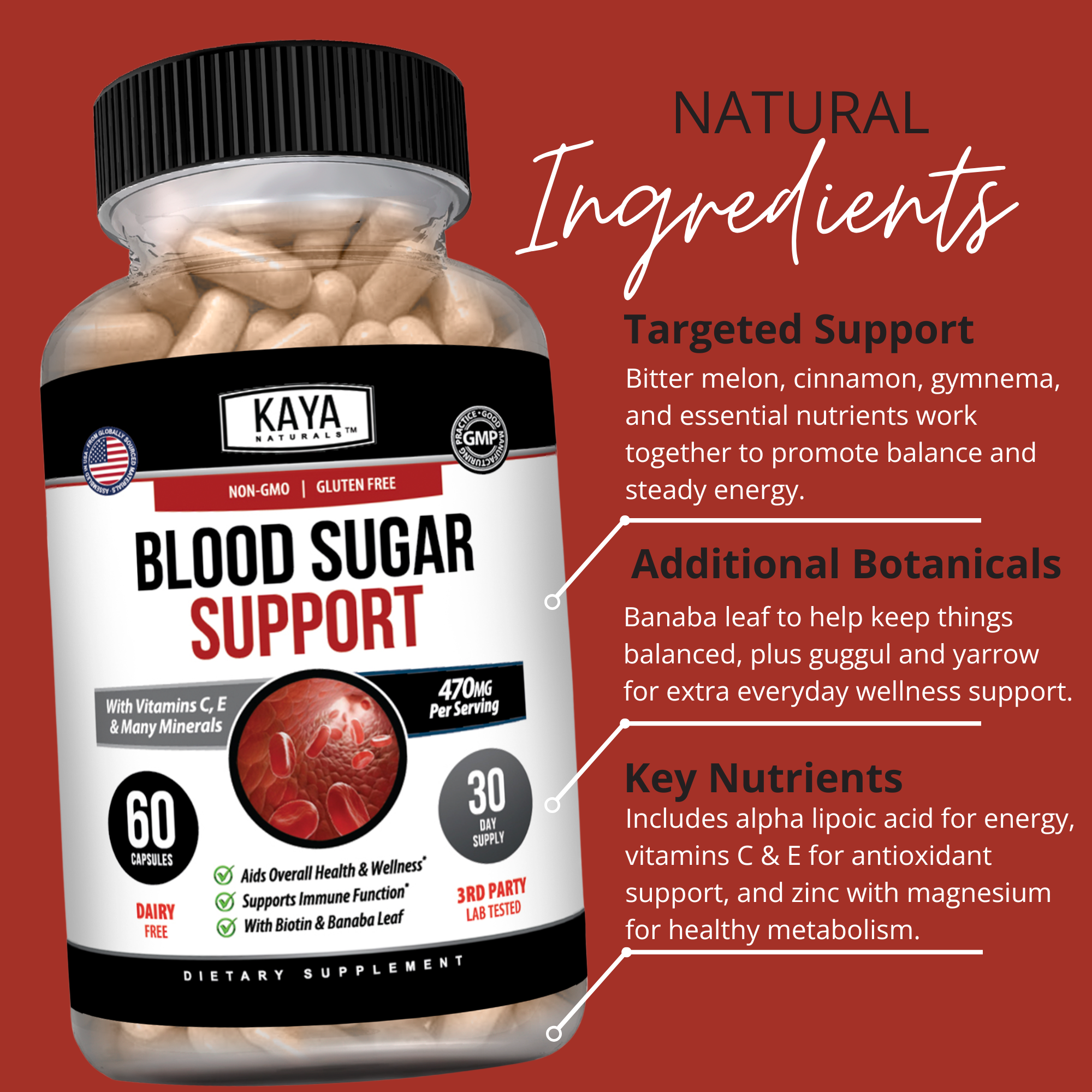 Kaya Naturals Blood Sugar Support supplement bottle with capsules, natural health product for blood sugar management
