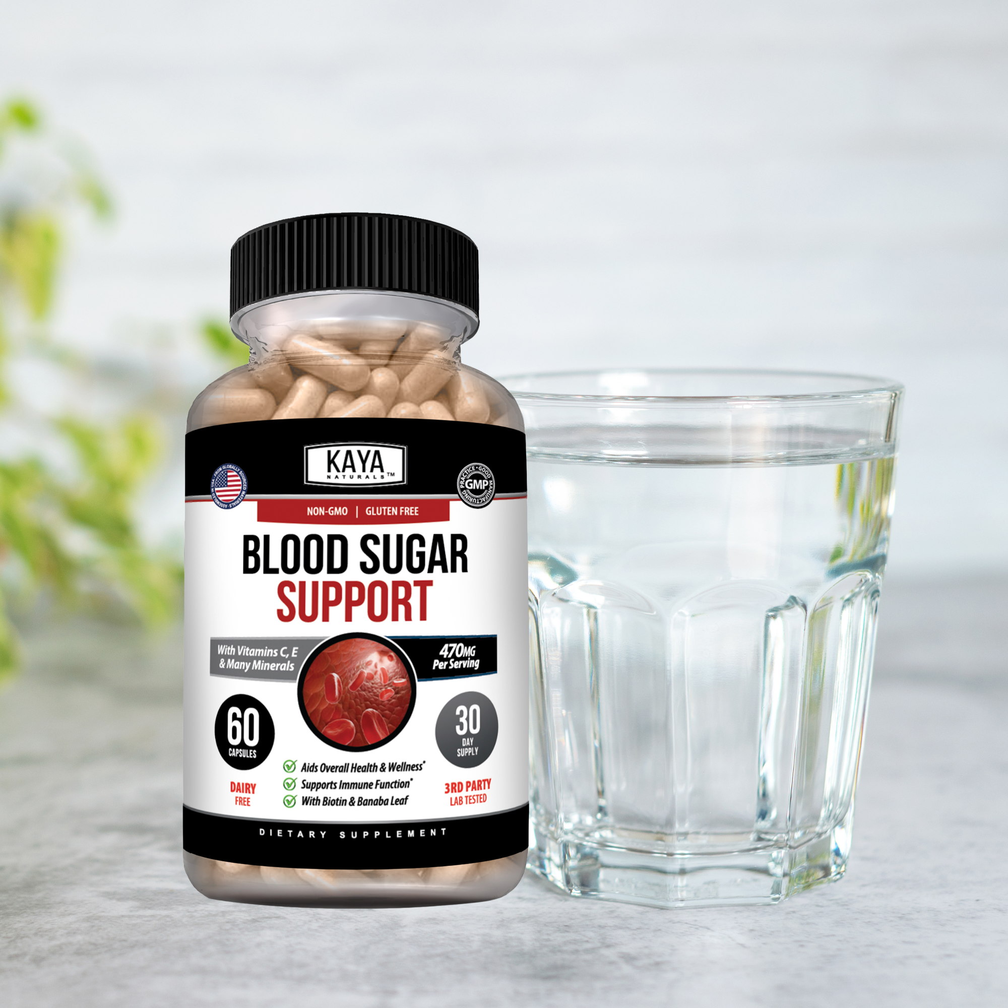 Bottle of Kaya Naturals Blood Sugar Support supplement with capsules arranged on a white background.