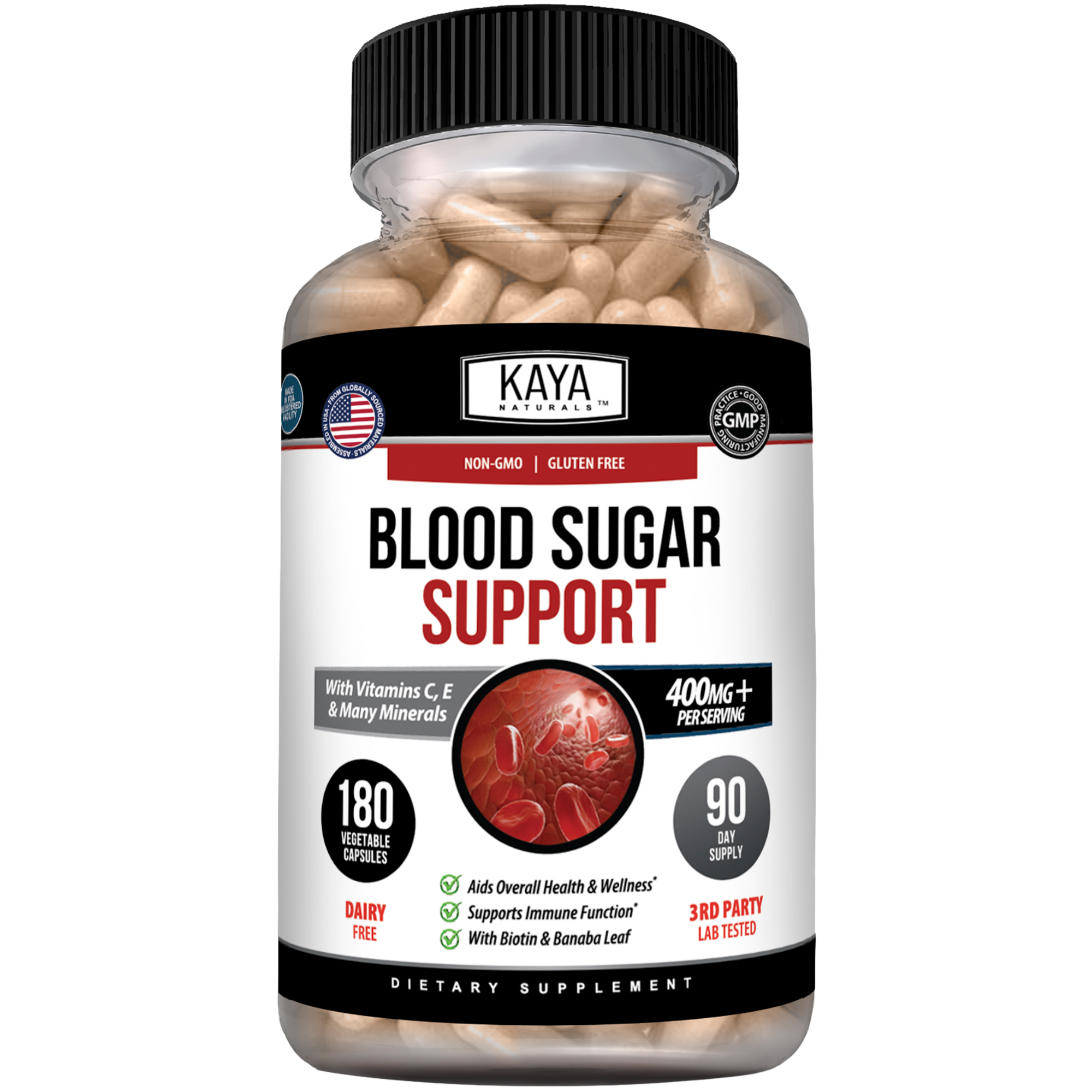Kaya Naturals Blood Sugar Support supplement bottle with label, featuring capsules and natural ingredients for blood sugar regulation.