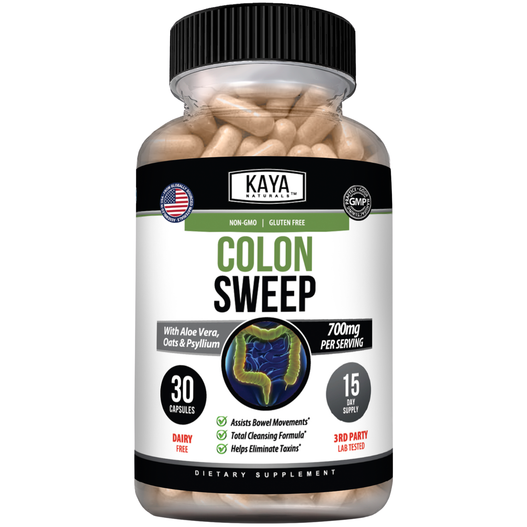 Kaya Naturals Colon Sweep bottle showing herbal supplement capsules for digestive health.