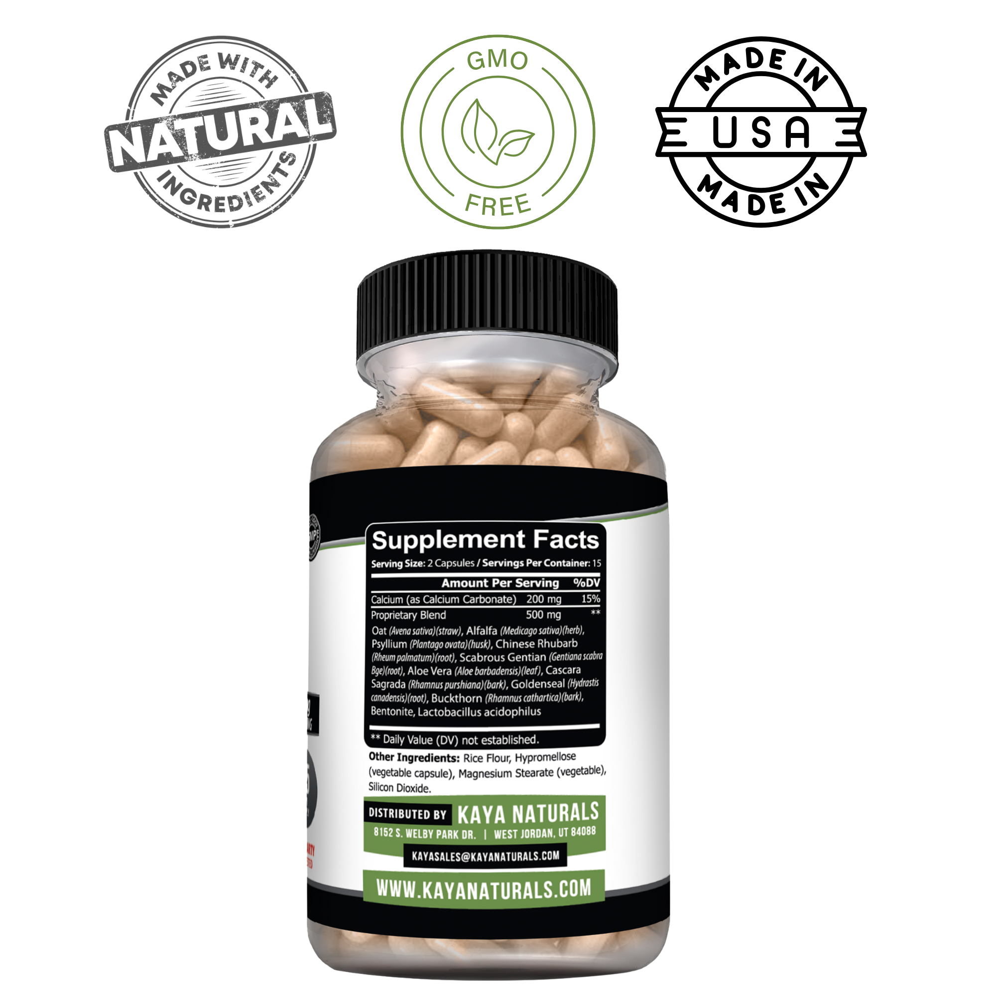 Kaya Naturals Colon Sweep supplement bottle with label, featuring natural herbal ingredients for digestive health.