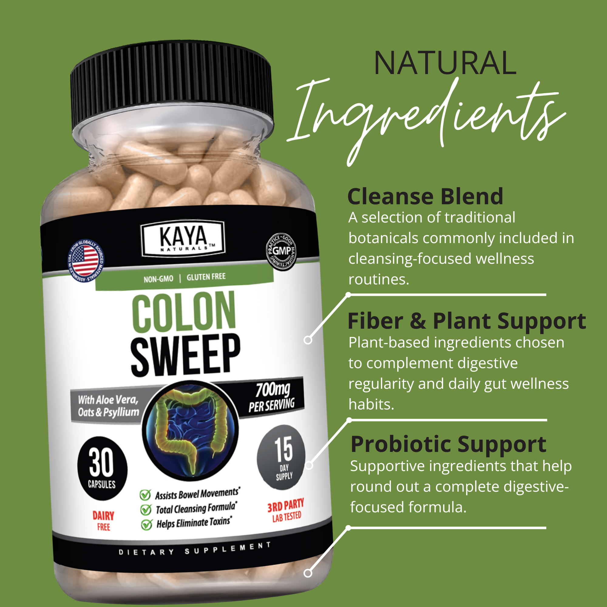 Kaya Naturals Colon Sweep supplement bottle with label showing herbal ingredients and product branding.
