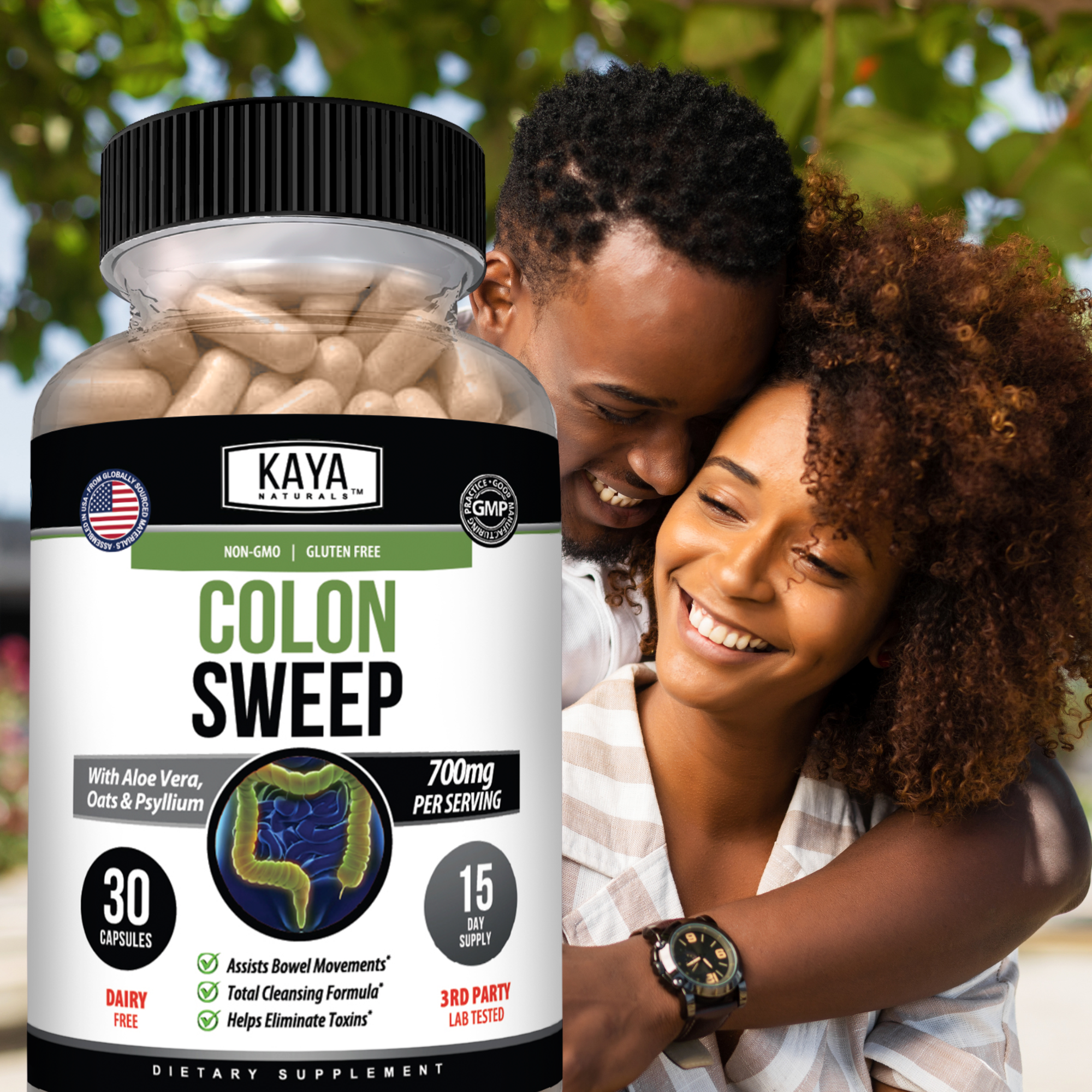 Kaya Naturals Colon Sweep supplement bottle with label, featuring natural herbal ingredients and product branding.