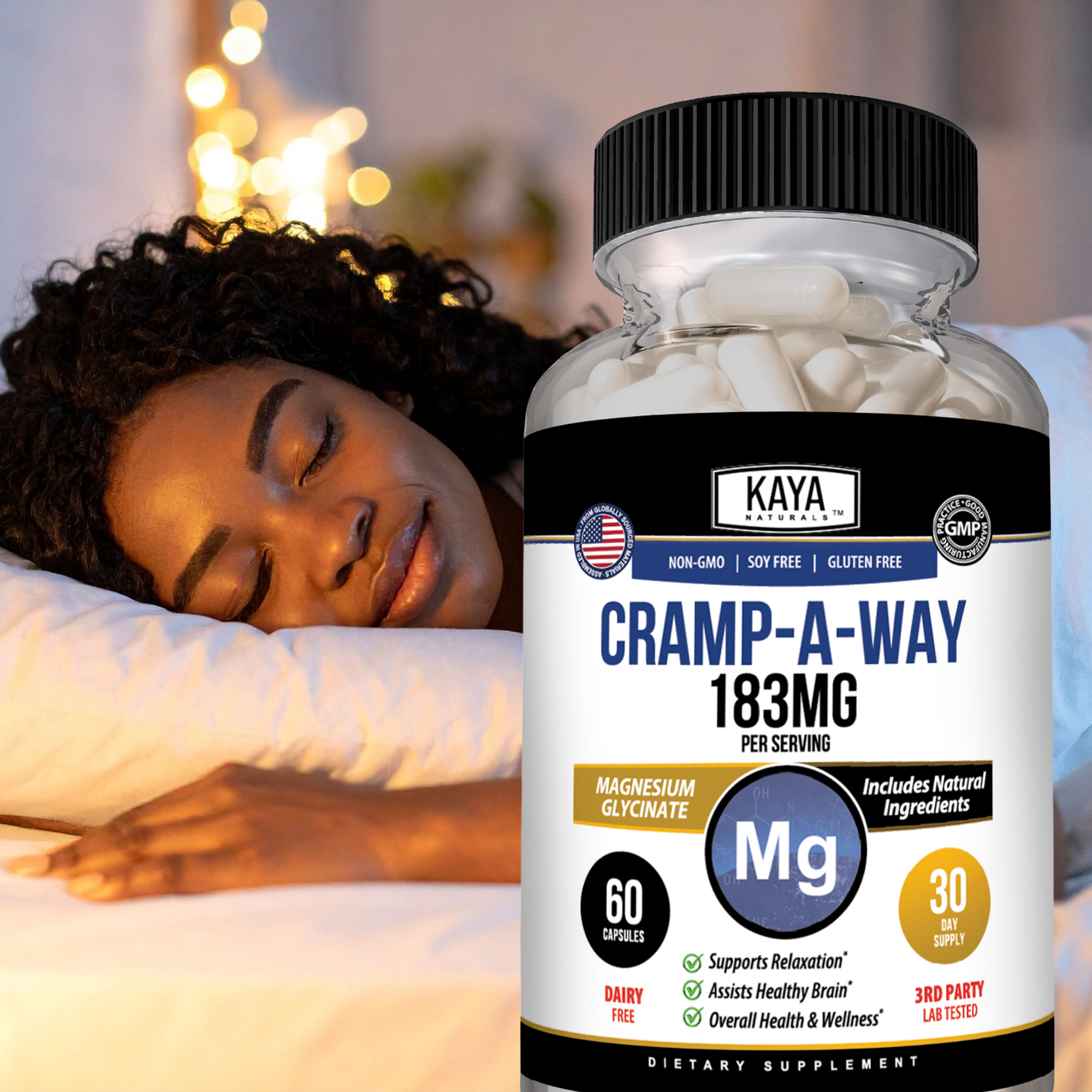 Kaya Naturals Cramp-A-Way supplement bottle with label, showcasing natural herbal remedy for cramps and muscle relief.
