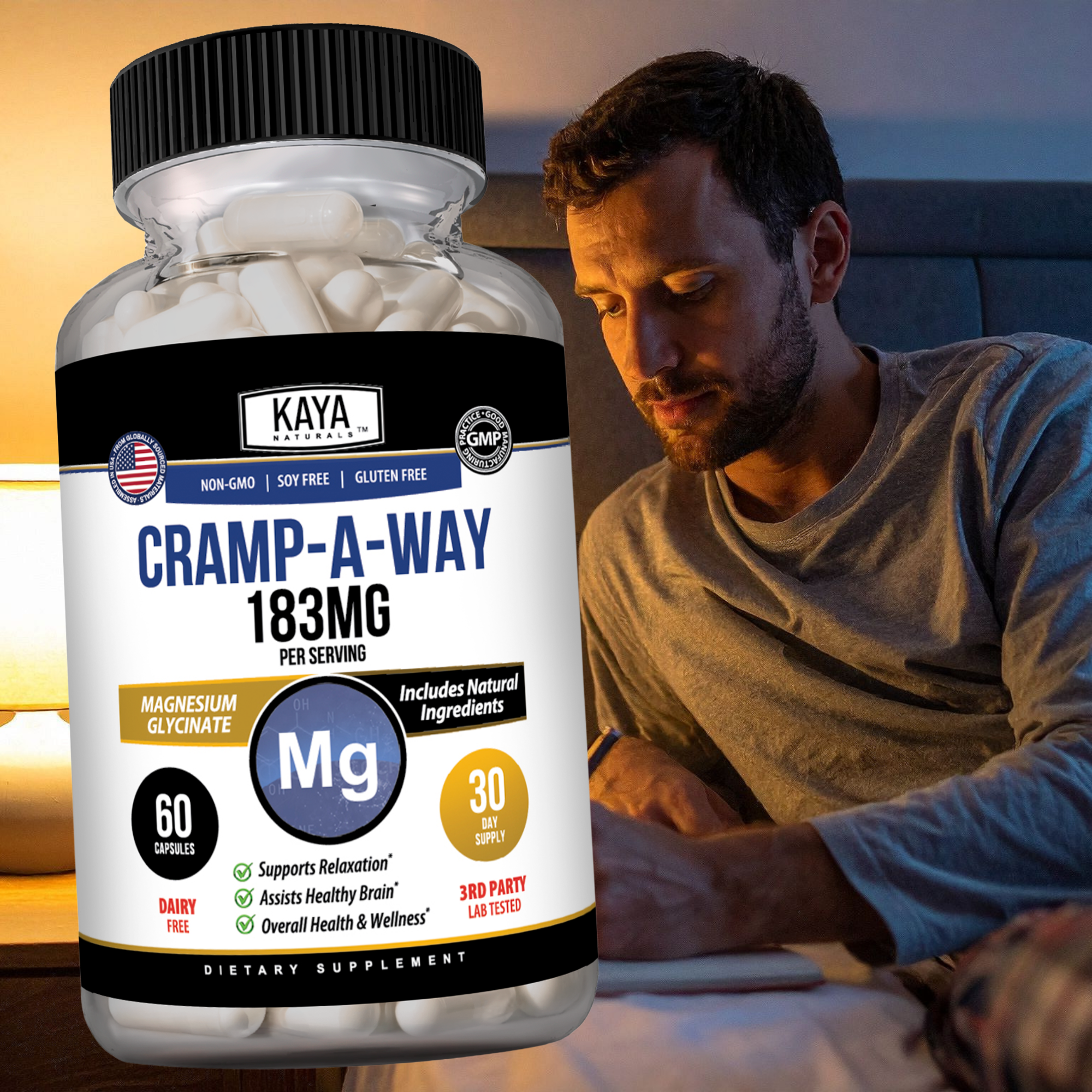 Kaya Naturals Cramp-A-Way supplement bottle with label, featuring natural herbal remedy for cramps and muscle relief.