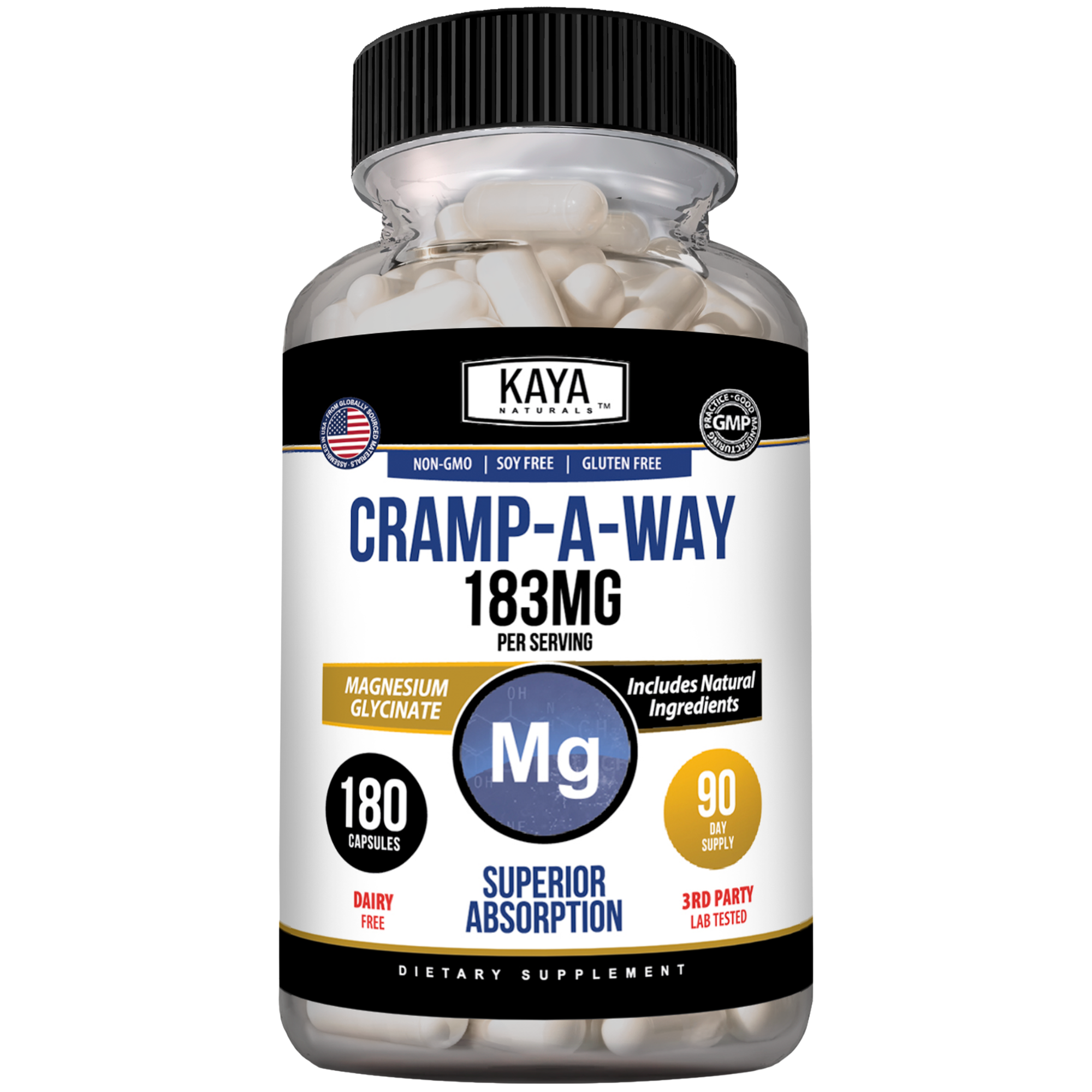 Kaya Naturals Cramp-A-Way supplement bottle with label, natural herbal remedy for cramps and muscle discomfort.