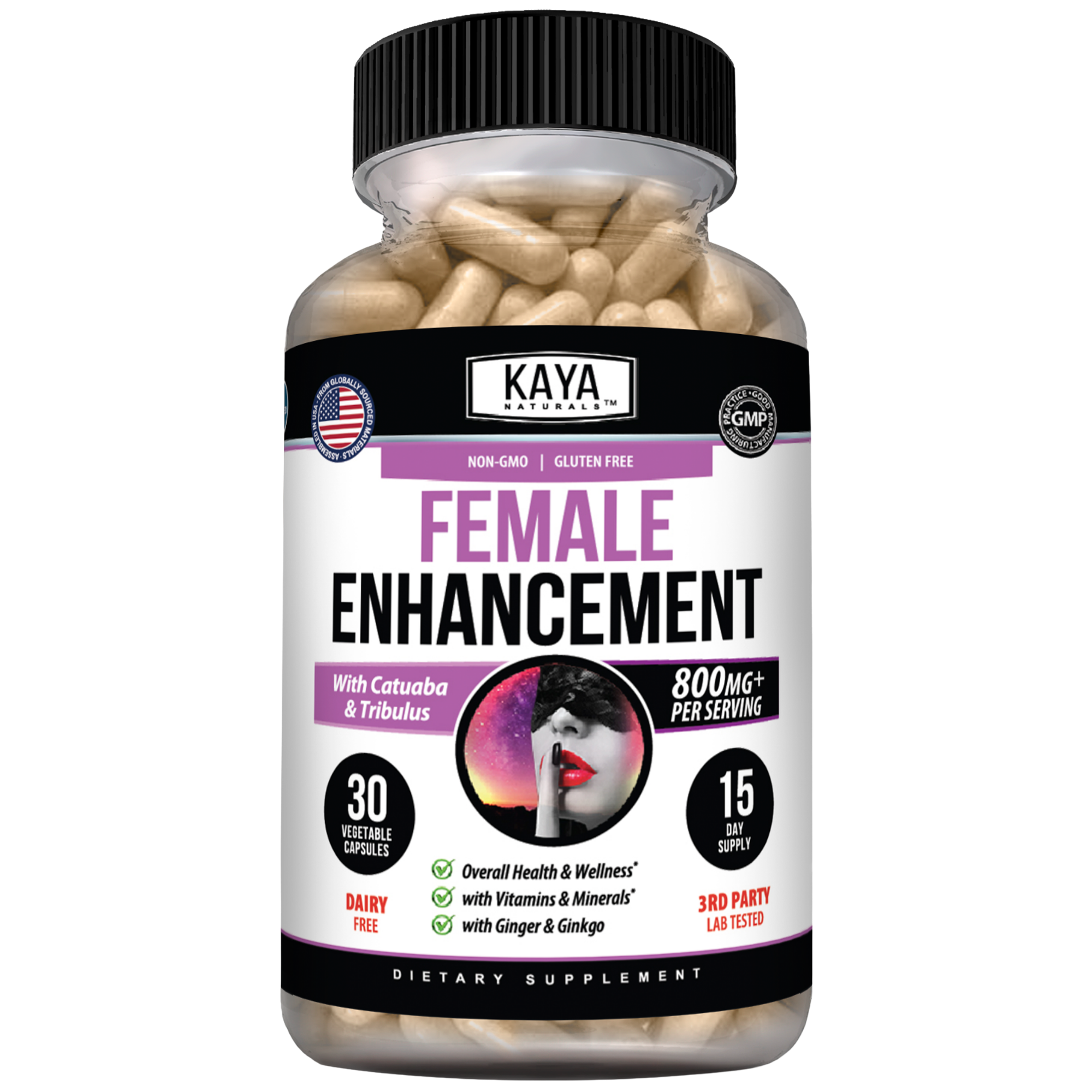 Kaya Naturals Female Enhancement supplement bottle with capsules, showcasing natural ingredients and health-focused packaging.
