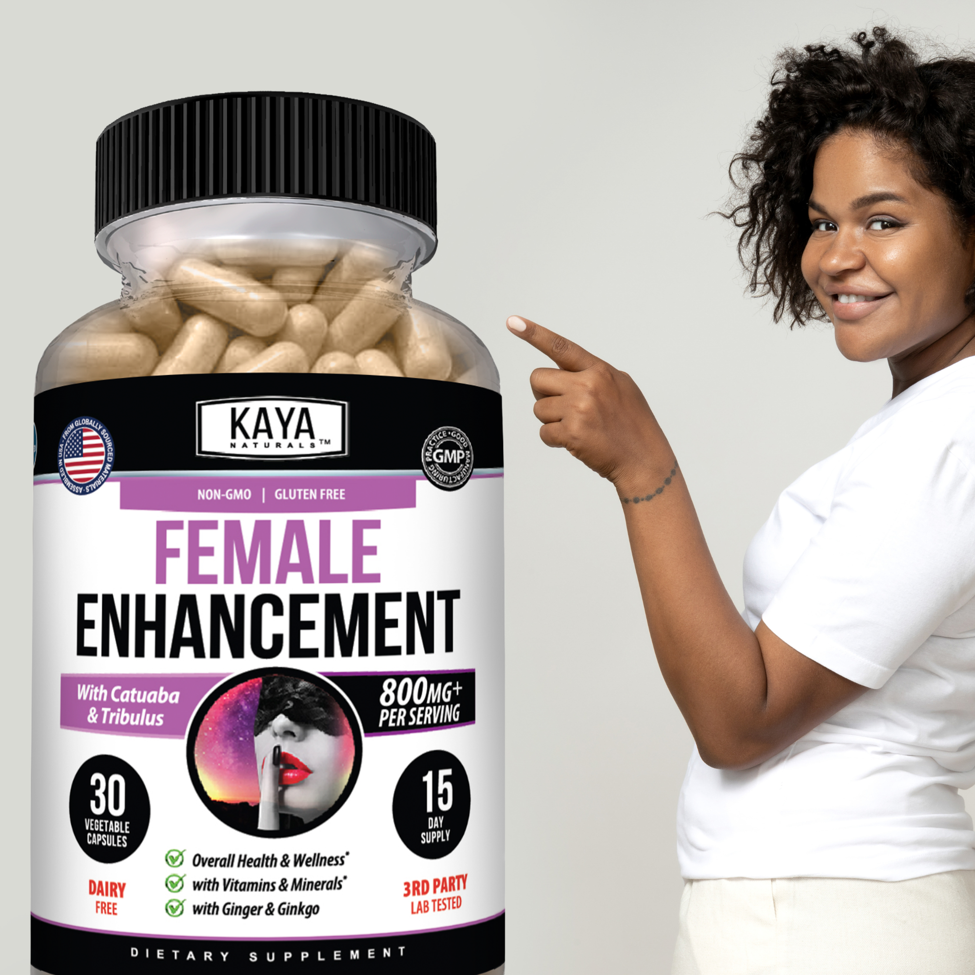 Female enhancement supplement by Kaya Naturals, showing the product bottle and packaging with natural ingredients.