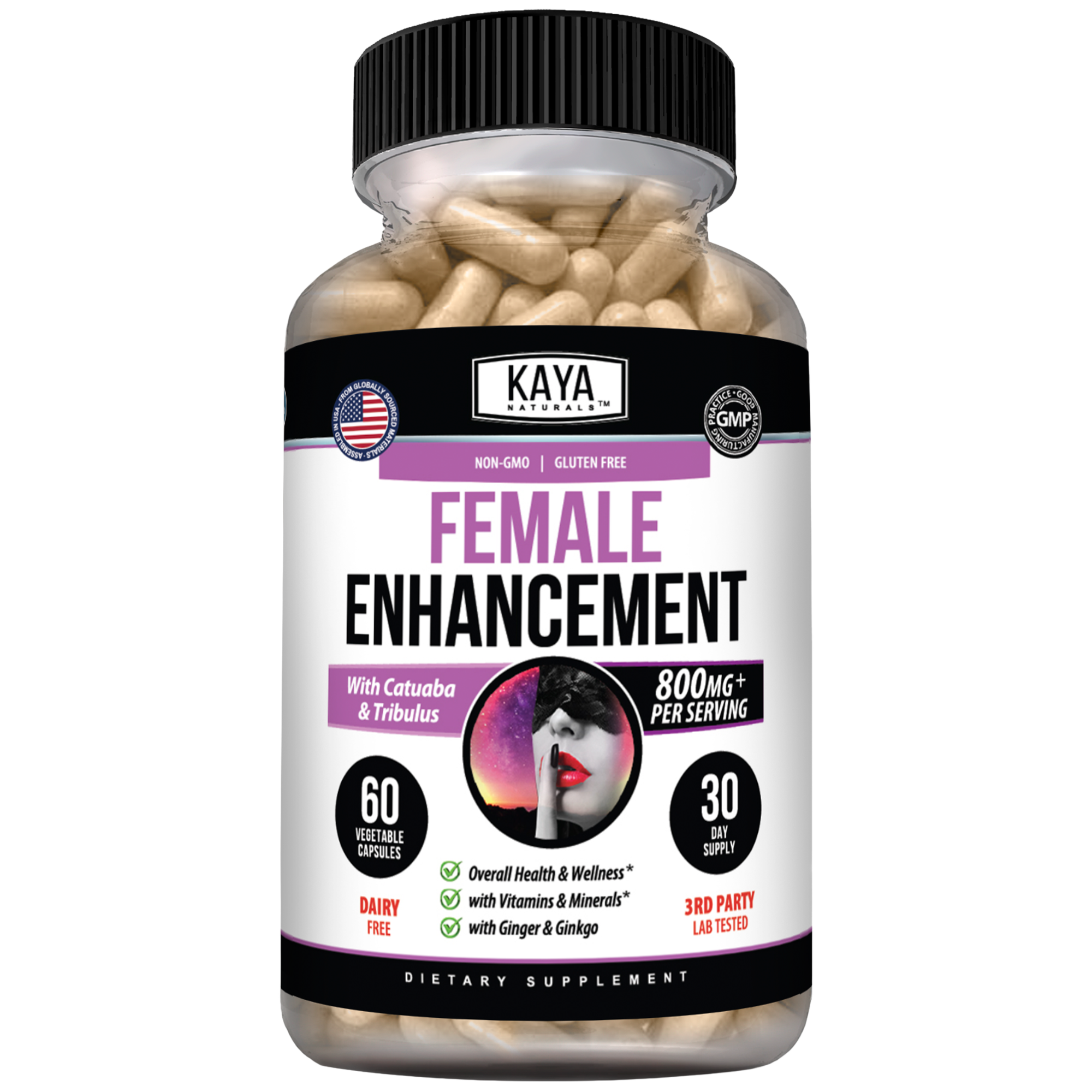 Kaya Naturals Female Enhancement supplement bottle with label, showcasing natural health product for female wellness.