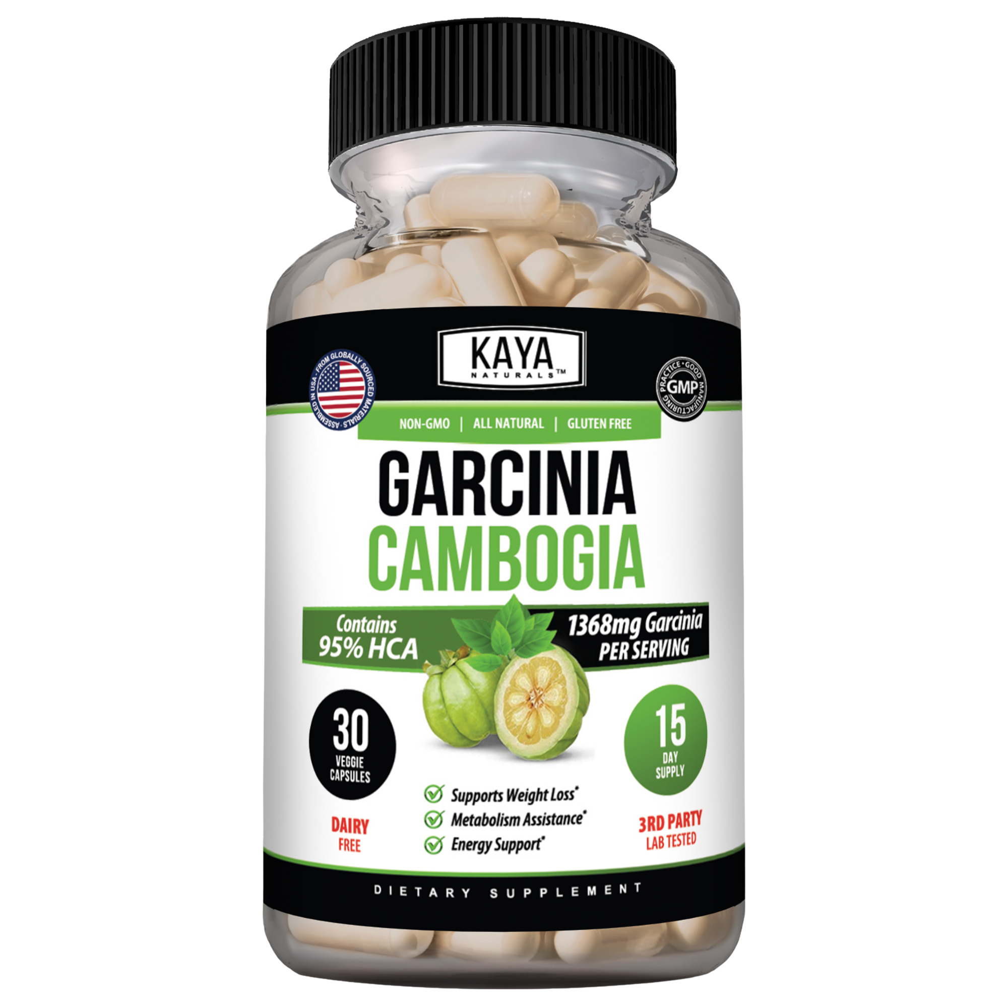 Kaya Naturals Garcinia Cambogia supplement bottle with label and capsules in a natural setting.