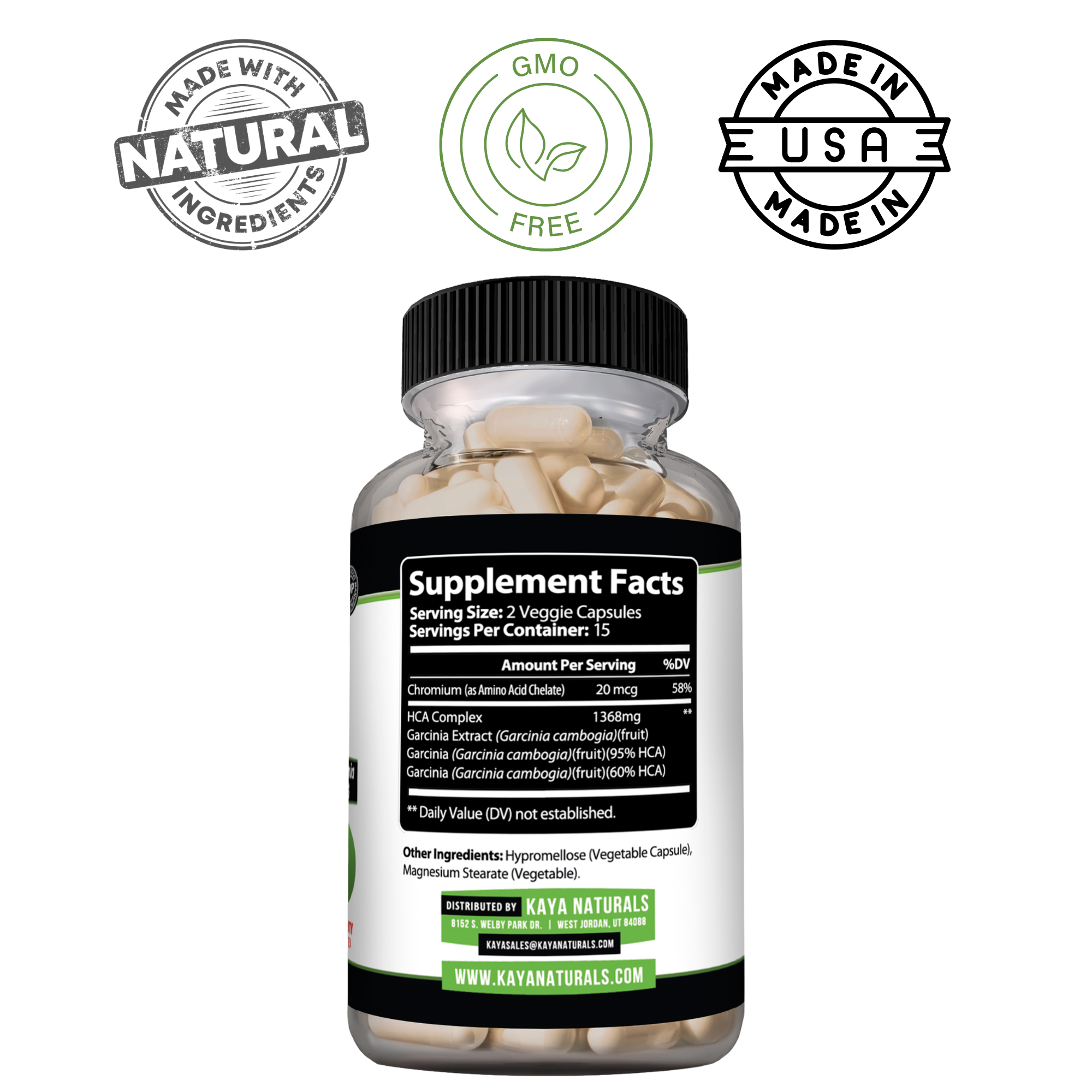 Kaya Naturals Garcinia Cambogia supplement bottle with label showing 60 capsules on a white background.