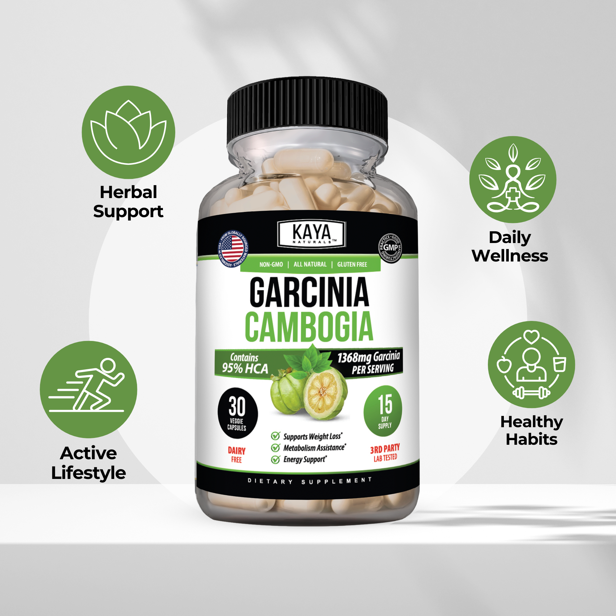 Kaya Naturals Garcinia Cambogia supplement bottle with label, featuring 60 capsules and natural health branding.