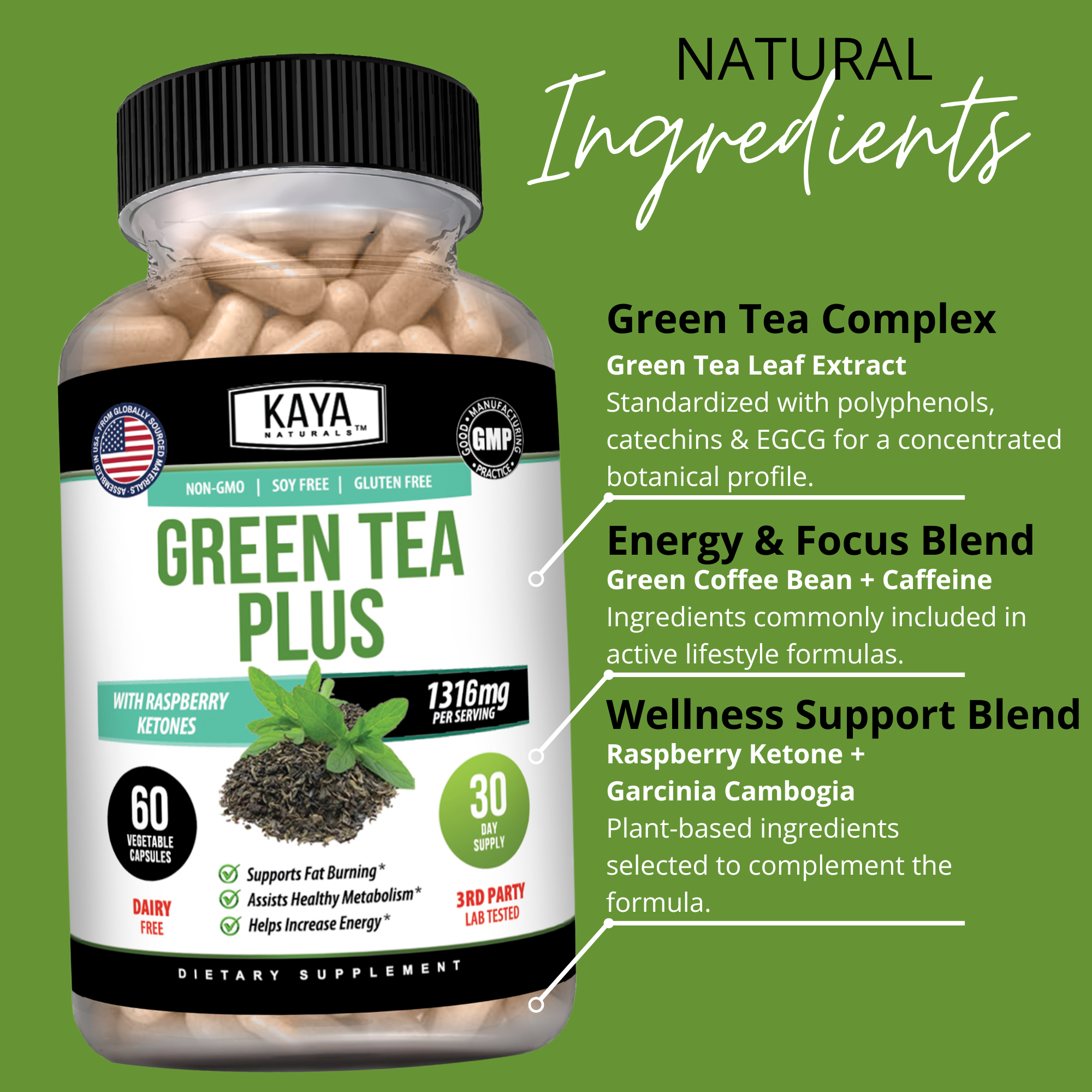 Green Tea Plus supplement by Kaya Naturals in a green bottle with capsules, promoting health and wellness.