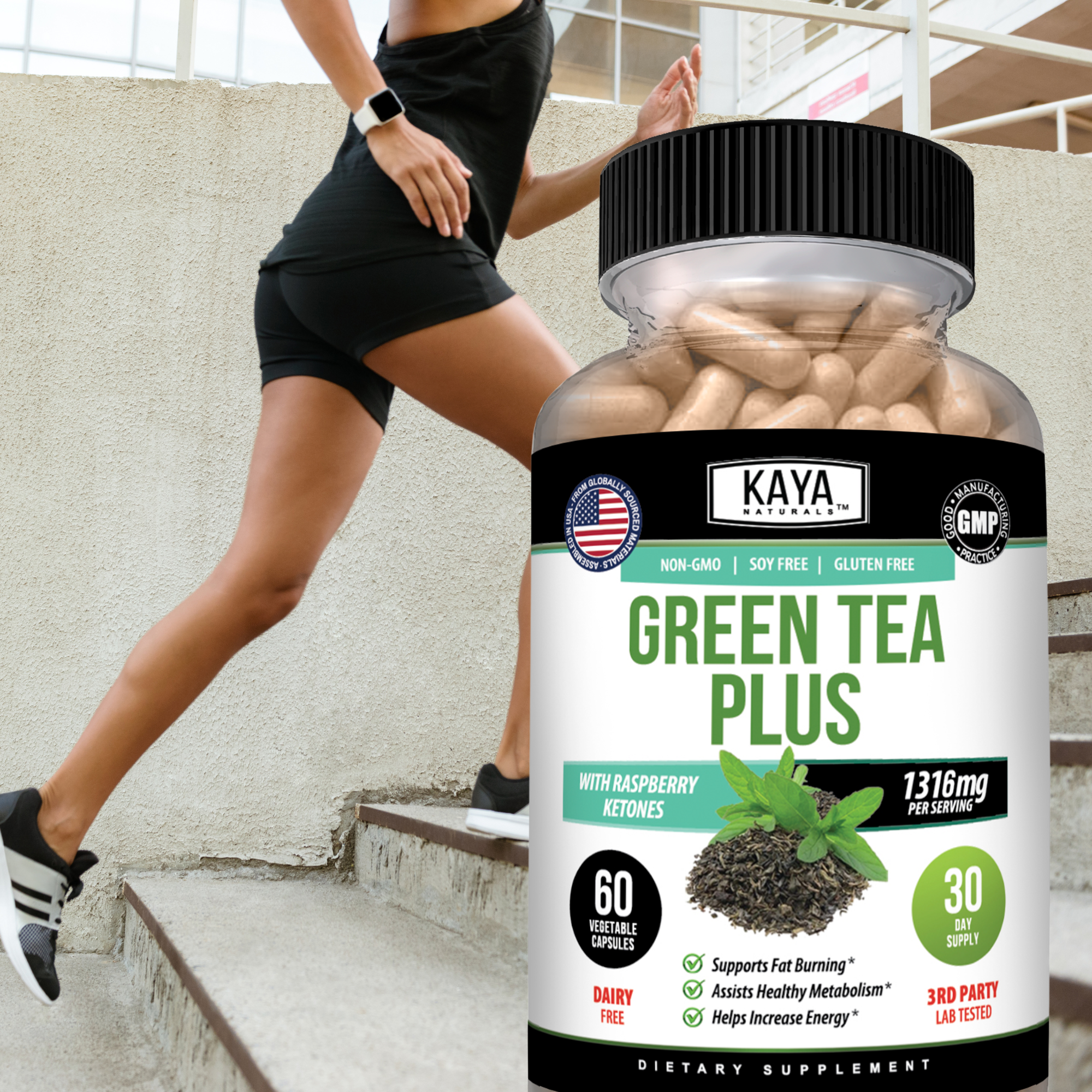 Pack of Kaya Naturals Green Tea Plus supplement with green tea leaves and capsules in a clear container.