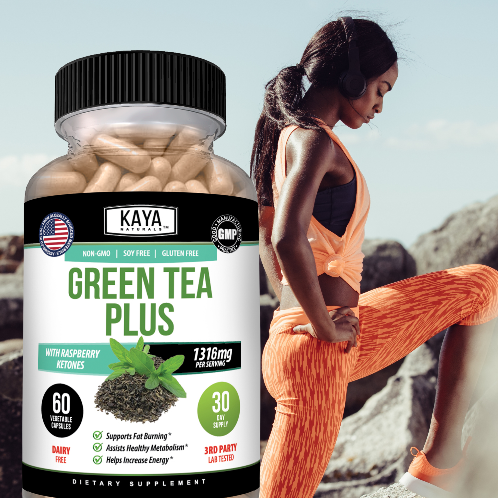 Bottle of Kaya Naturals Green Tea Plus supplement with green tea leaves and label showing product name and branding.