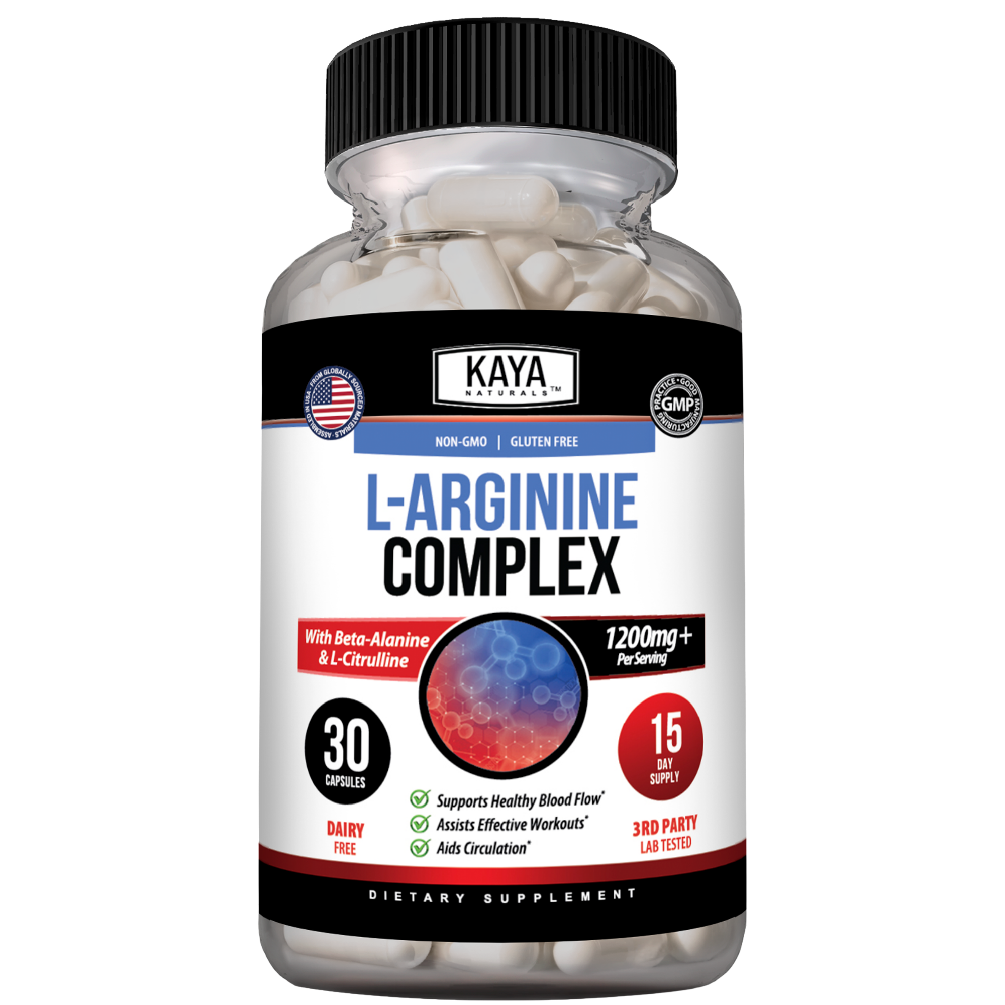 Bottle of Kaya Naturals L-Arginine supplement with 60 capsules, featuring a white label and blue accents.