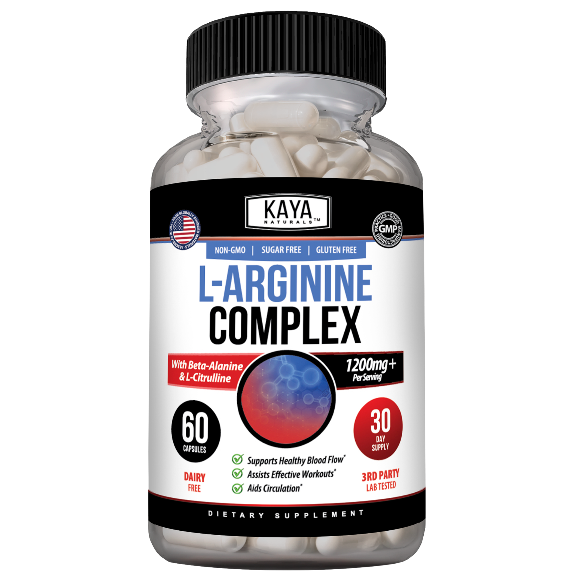 Bottle of Kaya Naturals L-Arginine supplement with label showing 60 capsules on a white background