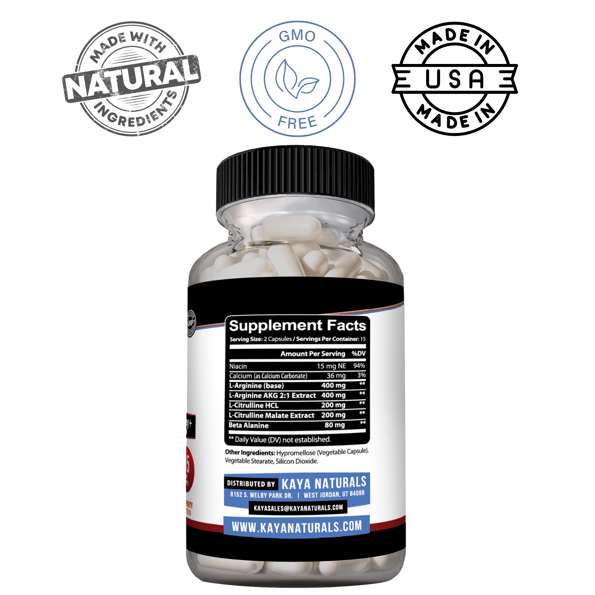 Bottle of Kaya Naturals L-Arginine dietary supplement with white label and blue cap, displayed on a plain background