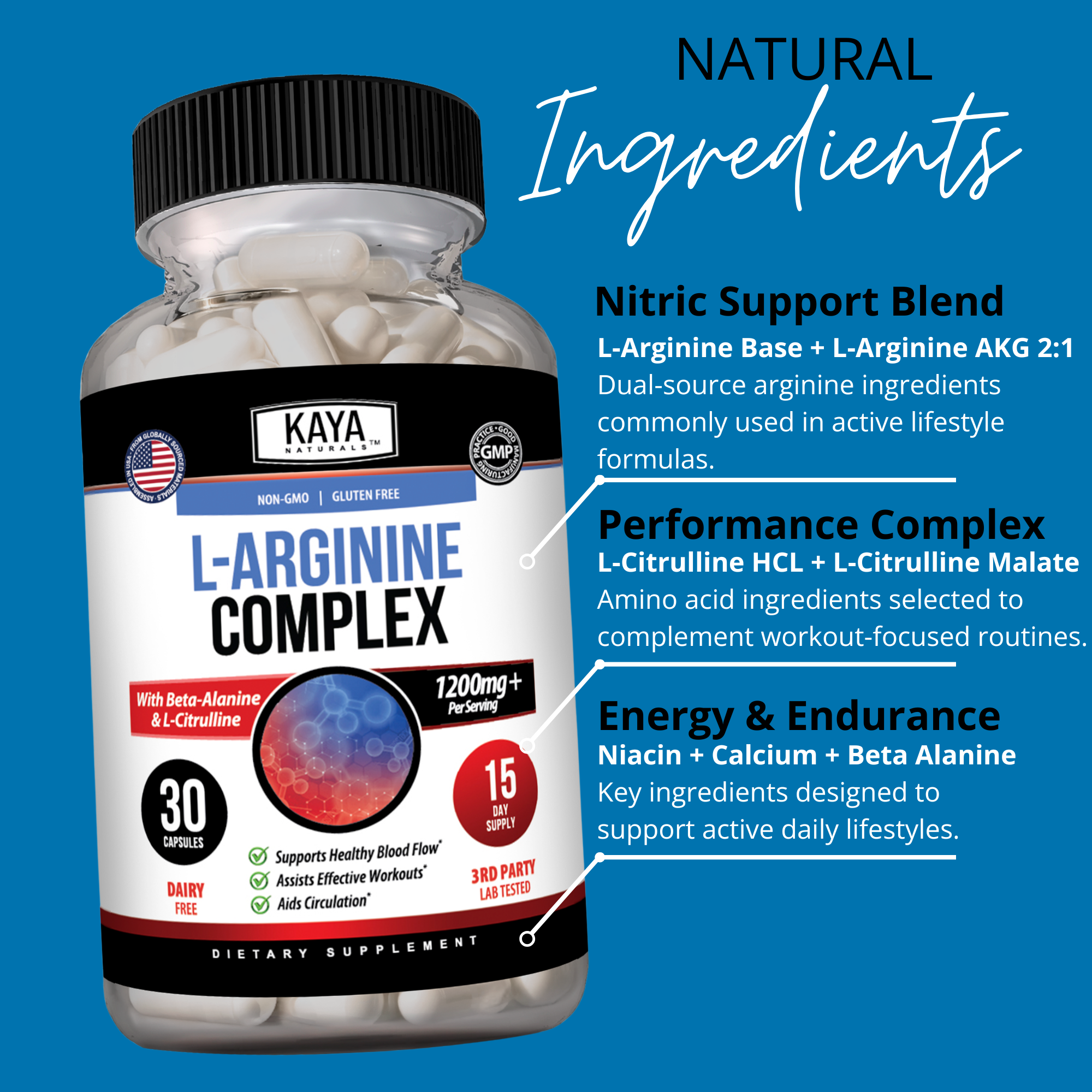 Kaya Naturals L-Arginine supplement bottle with label showing 60 capsules for supporting cardiovascular health.