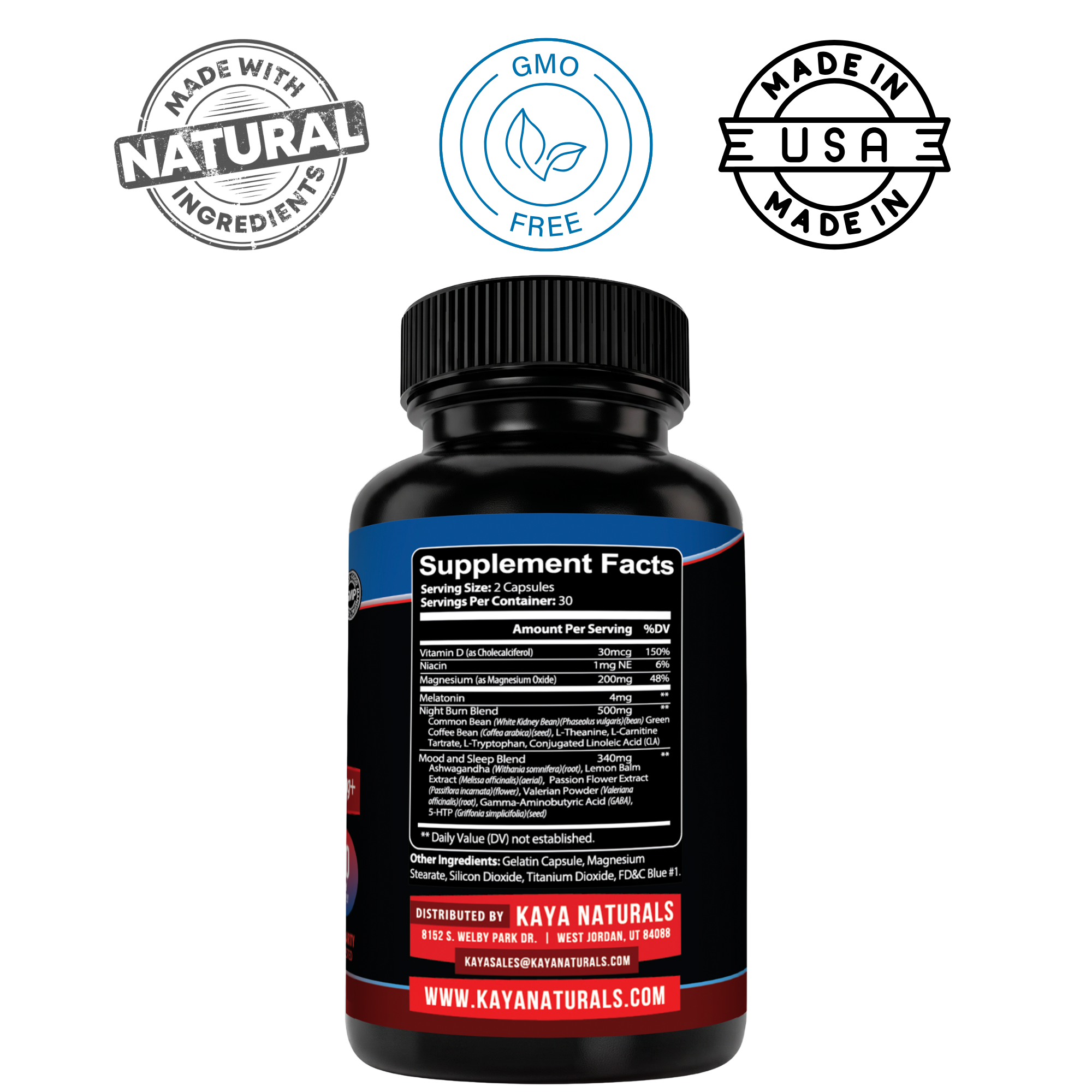 Kaya Naturals Nighttime Fat Burn supplement bottle with label, featuring natural ingredients for supporting fat burning during sleep.