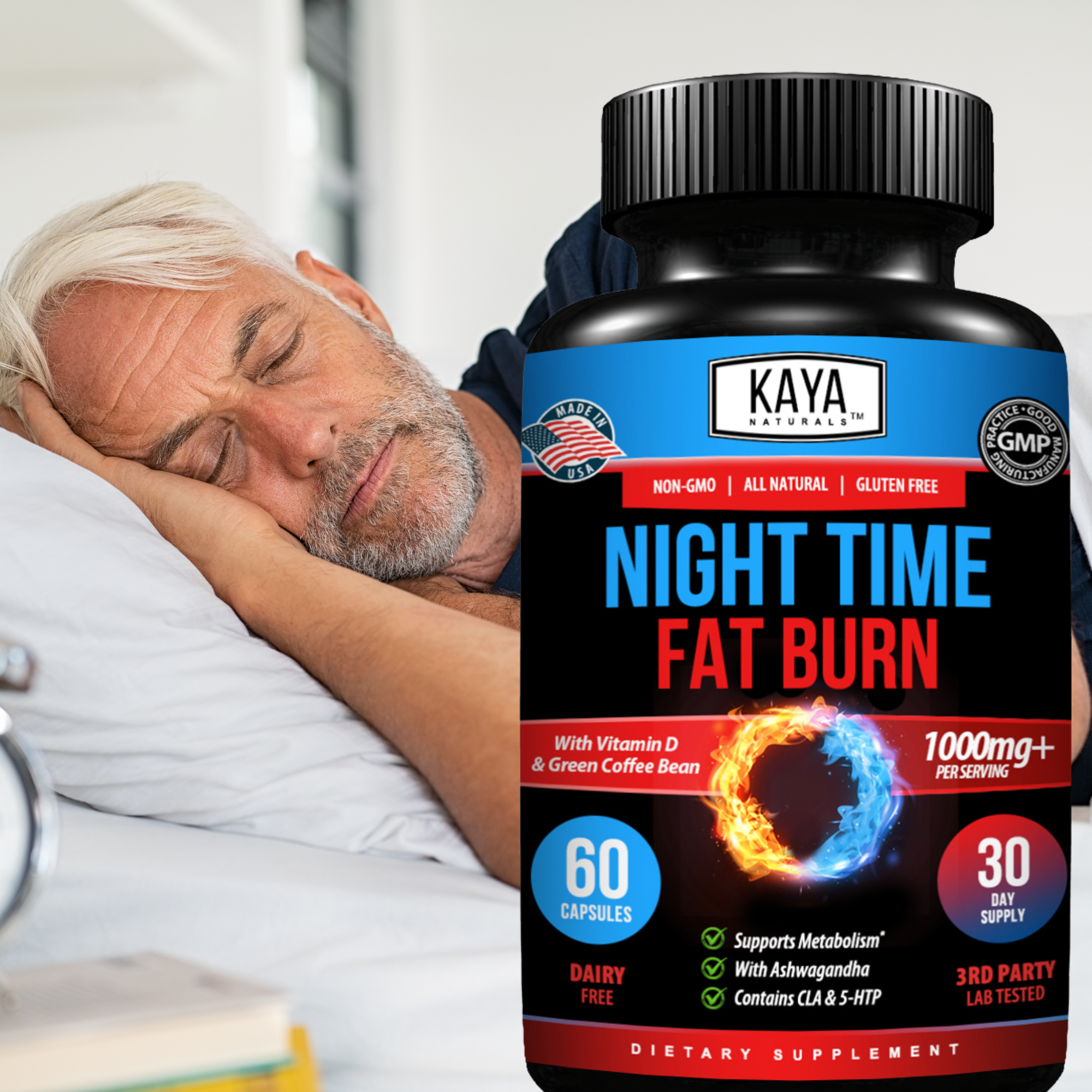 Kaya Naturals Nighttime Fat Burn supplement bottle with label, featuring natural ingredients and product details.