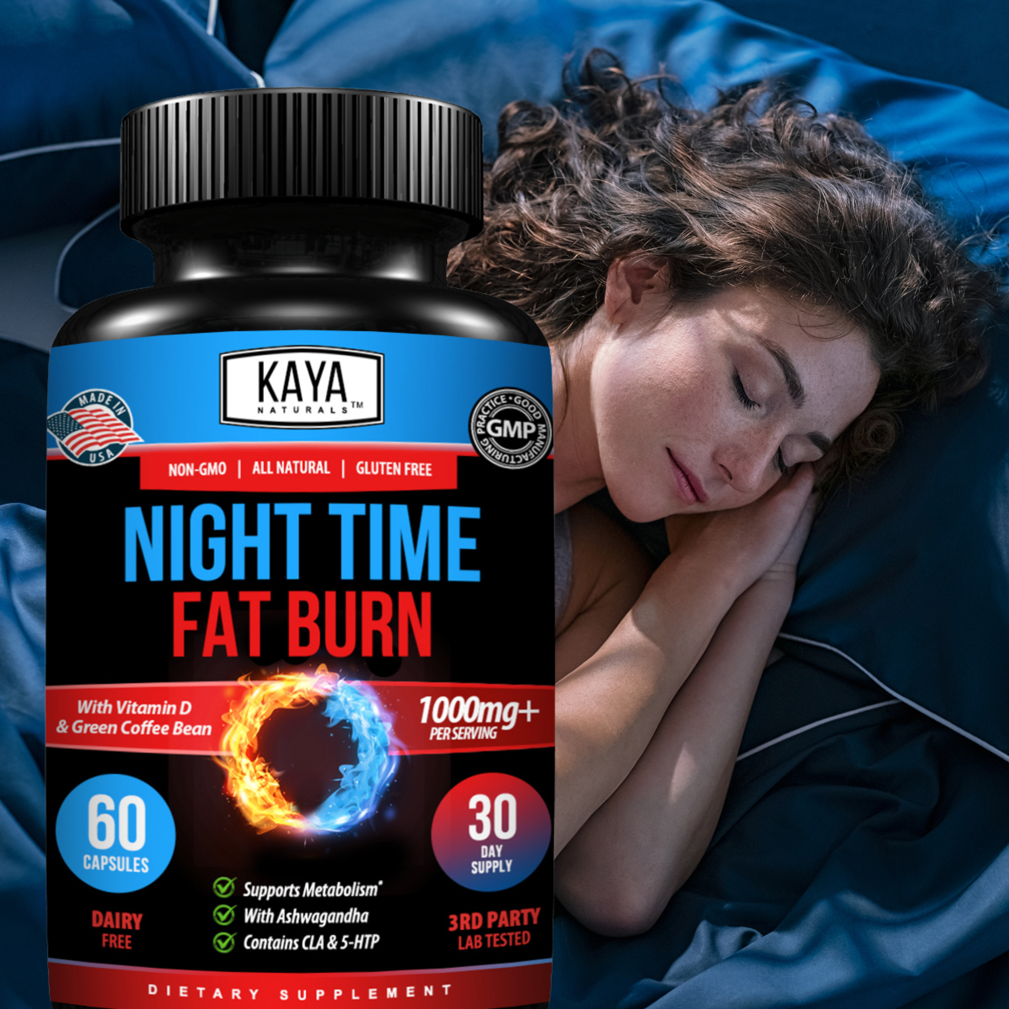Kaya Naturals Nighttime Fat Burn supplement bottle with label, natural ingredients, and product packaging.