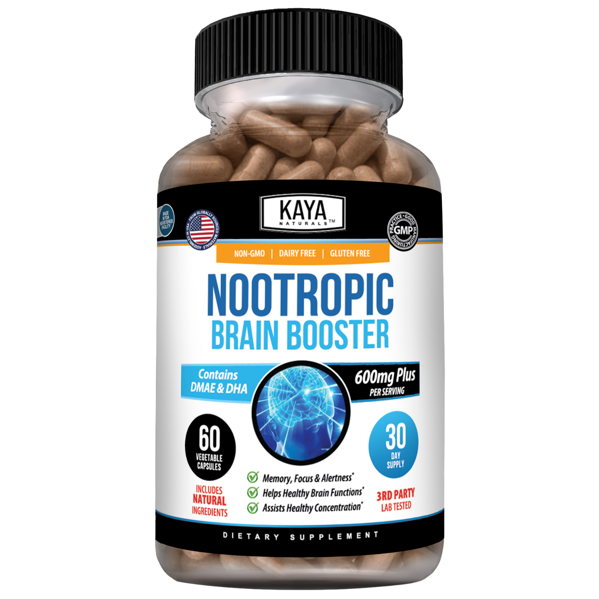 Kaya Naturals Nootropic Brain Booster supplement bottle with capsules, designed to enhance cognitive function and mental clarity.