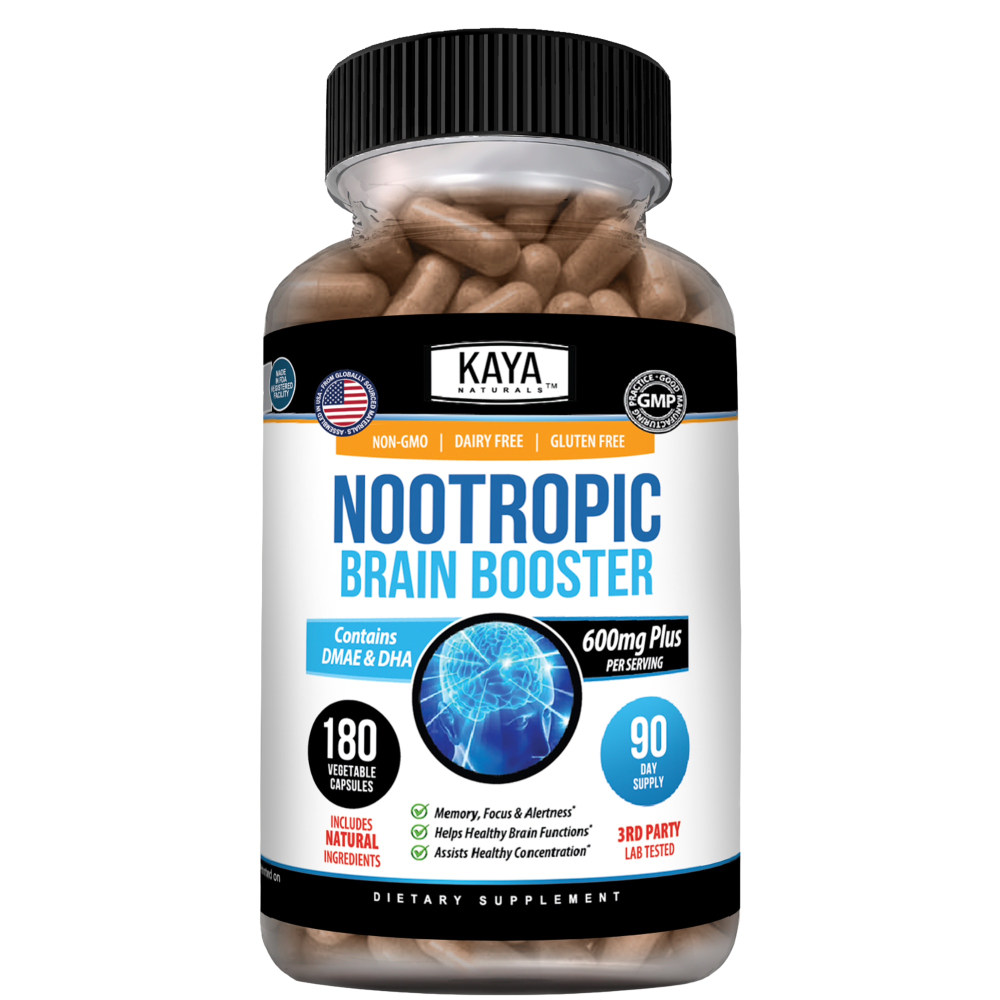 Bottle of Kaya Naturals Nootropic Brain Booster supplement with capsules in a clear container, emphasizing natural brain support.