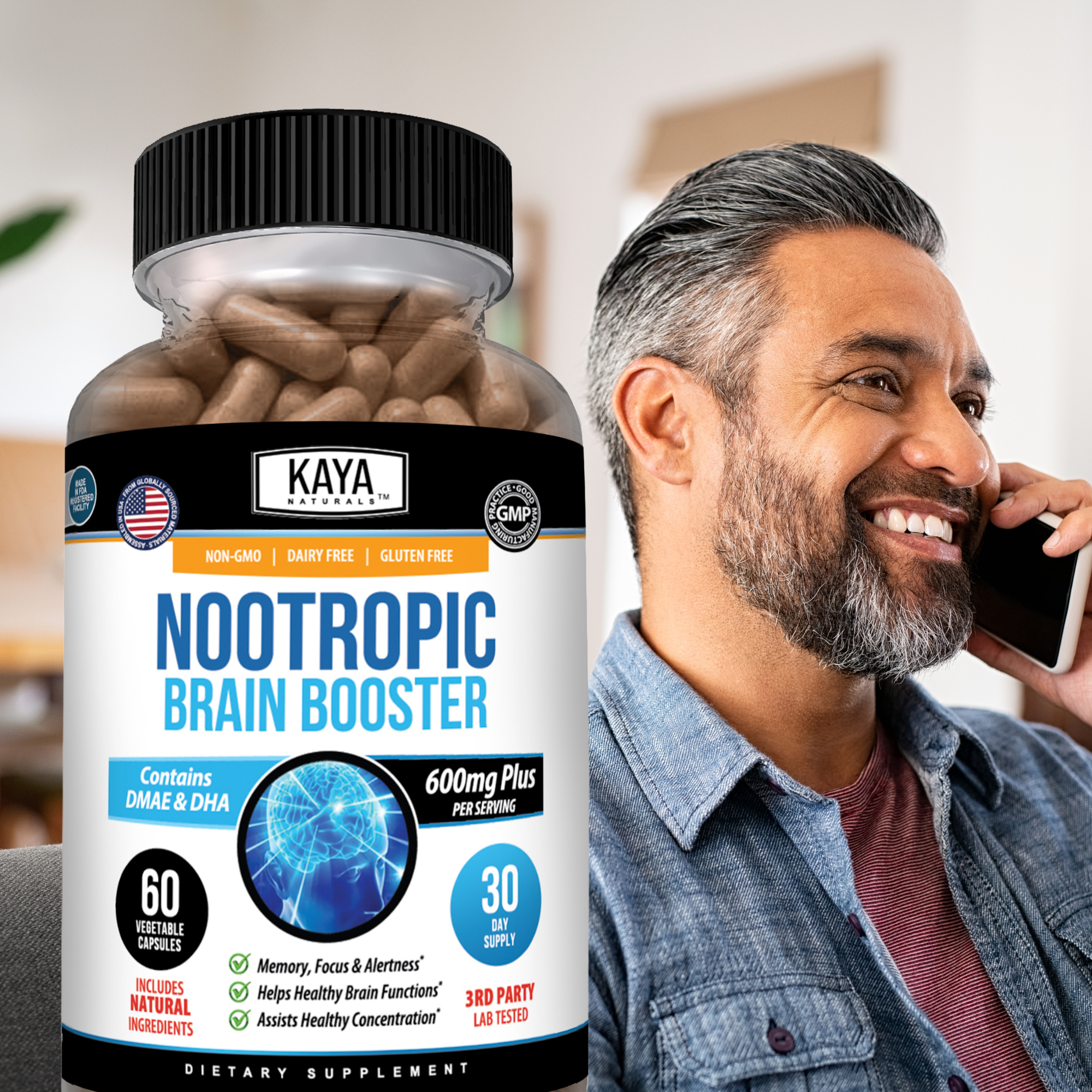 Kaya Naturals Nootropic Brain Booster supplement bottle with capsules, designed to enhance cognitive function and mental clarity.