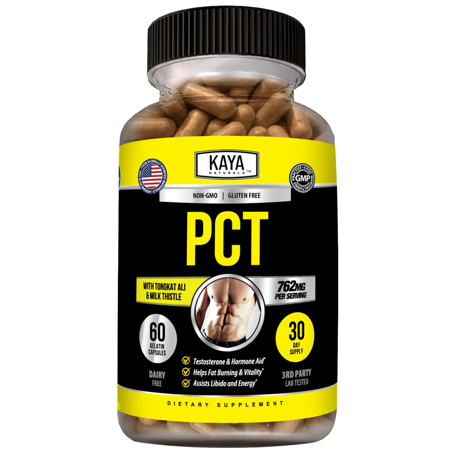 Kaya Naturals PCT Men's Hormonal Support supplement bottle with label and capsules, designed for hormonal health and recovery.