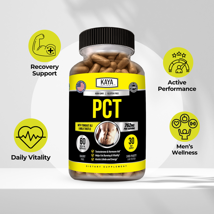 Kaya Naturals PCT Men's Hormonal Support supplement bottle with label and capsules in clear view.