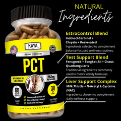 Kaya Naturals PCT Men's Hormonal Support supplement bottle with label showing capsules and branding.