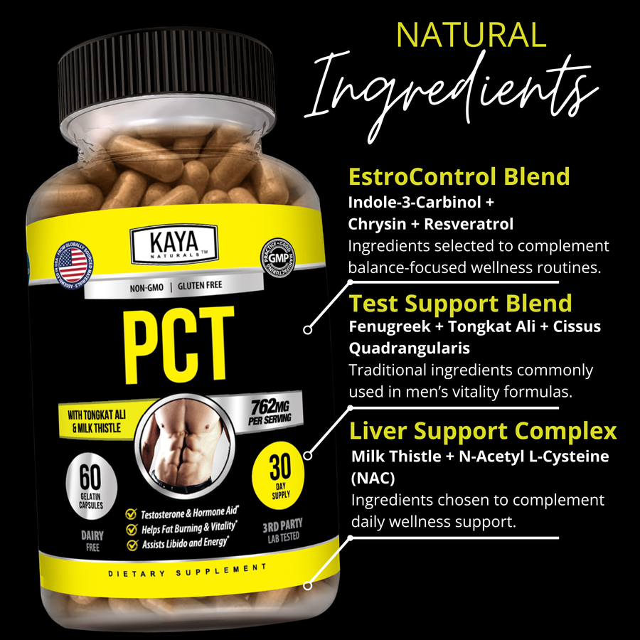 Kaya Naturals PCT Men's Hormonal Support supplement bottle with label showing capsules and branding.