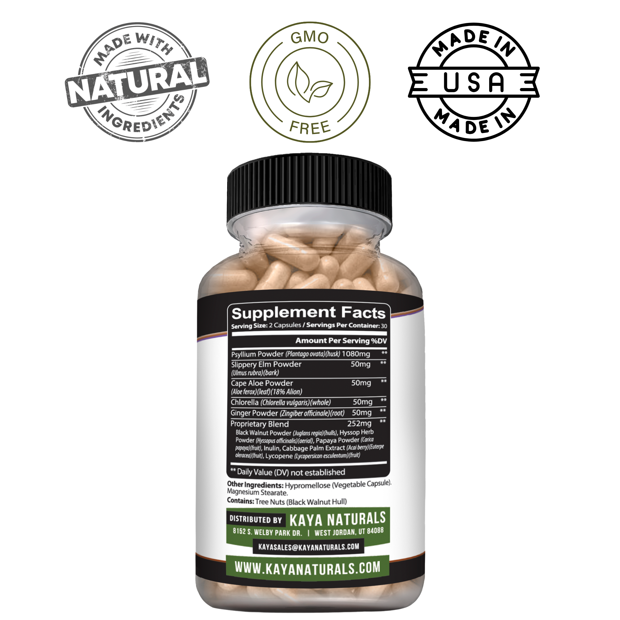 Kaya Naturals Psyllium Husk in a clear container, showing light brown fibrous powder for dietary fiber and digestive health.
