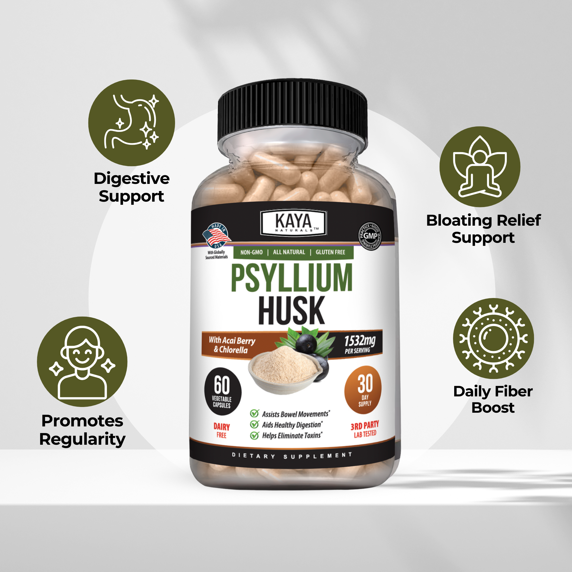 Kaya Naturals Psyllium Husk in a clear bag, showing the light brown, fibrous powder used as a dietary fiber supplement.