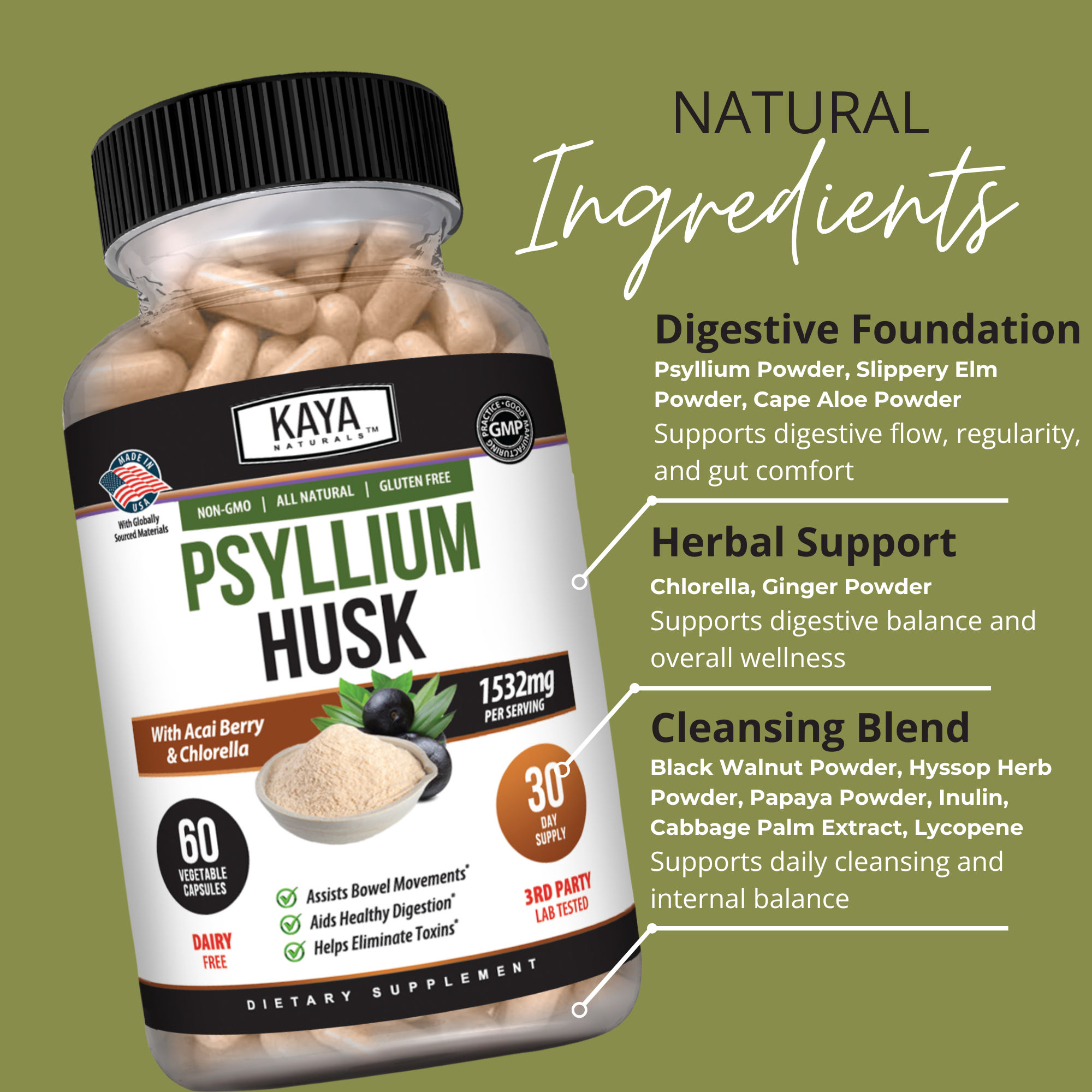 Kaya Naturals Psyllium Husk in a clear container, showing the finely ground, light brown fiber supplement for digestive health.