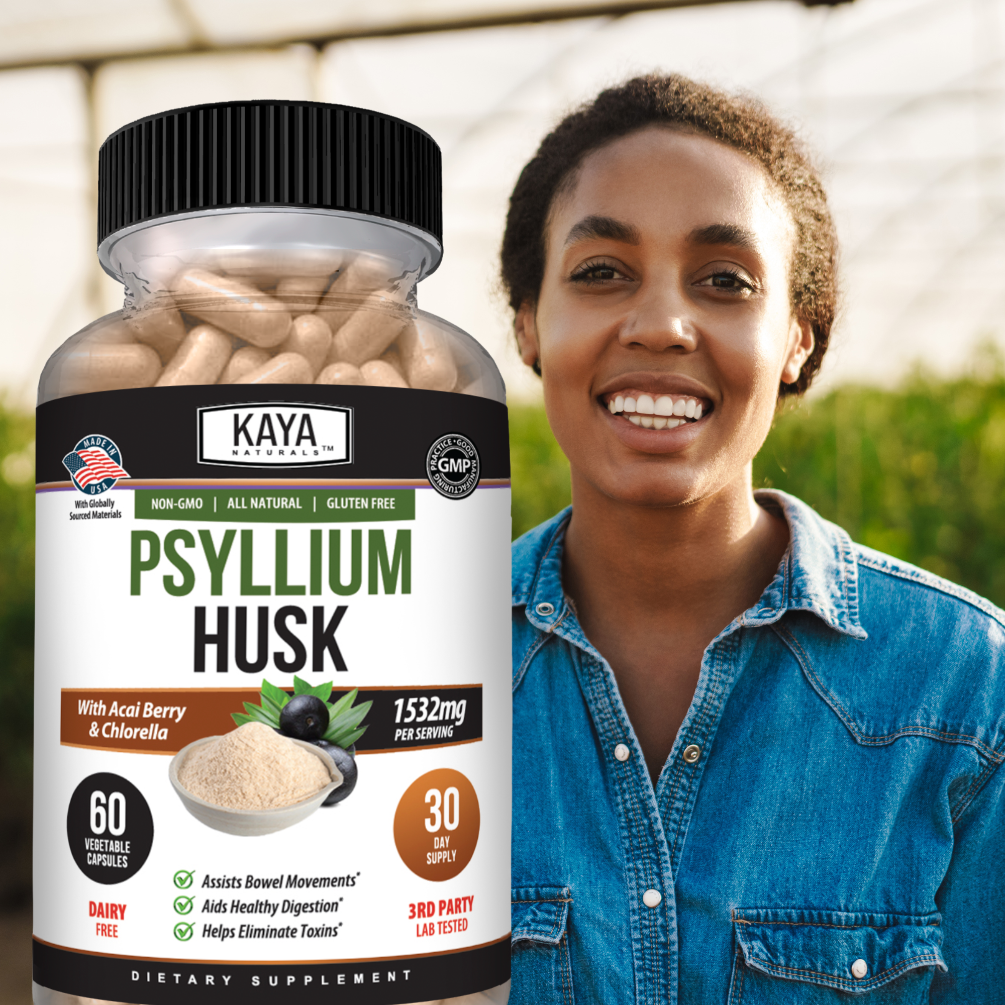 Kaya Naturals Psyllium Husk in a clear container, showing light brown fibrous husks used for dietary fiber and digestion.