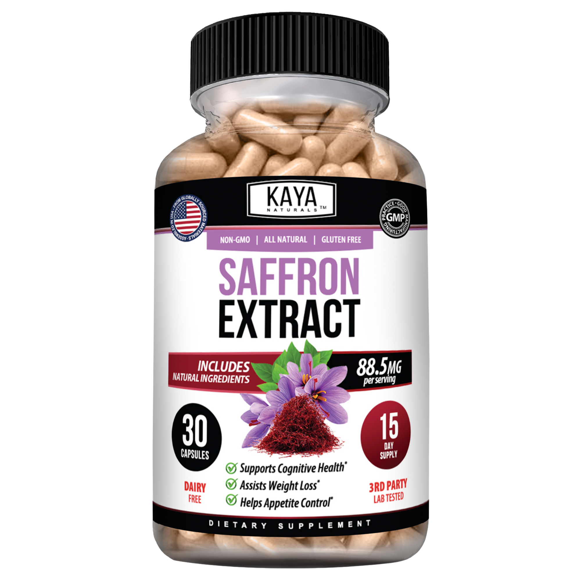 Bottle of Kaya Naturals Saffron Extract supplement with saffron threads in a clear glass bottle on a white background.