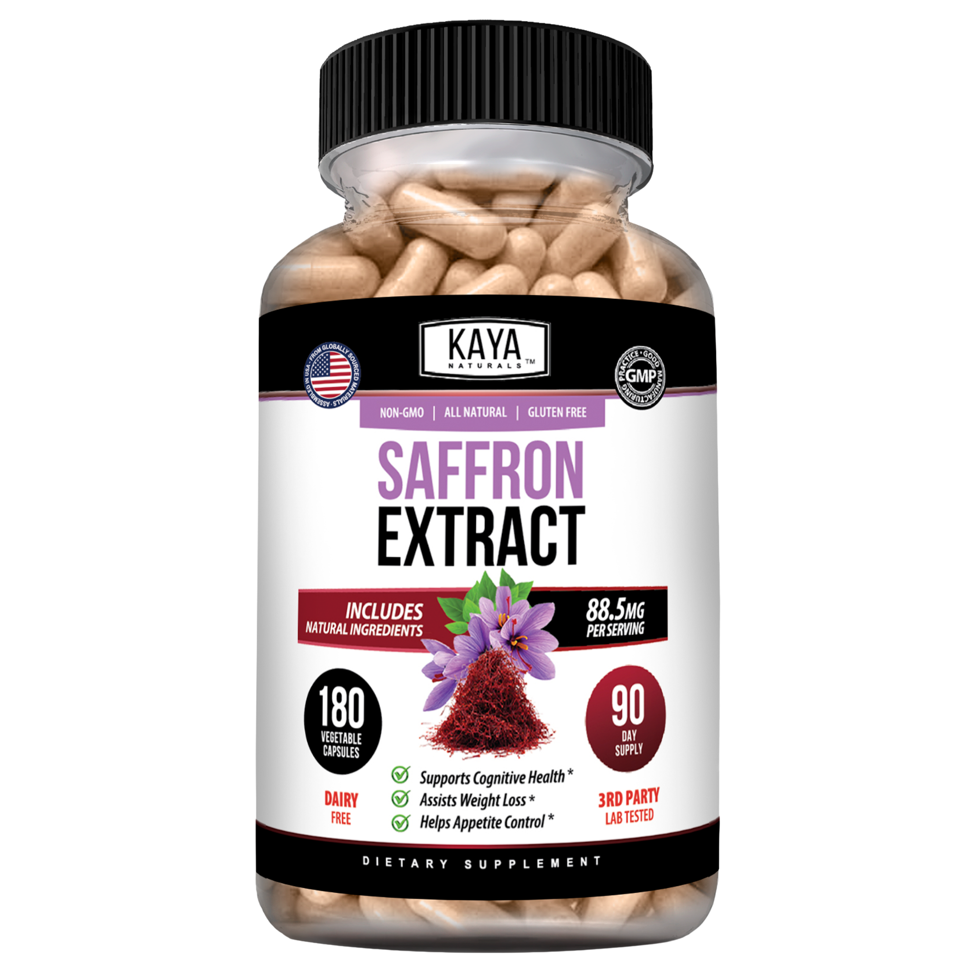 Bottle of Kaya Naturals saffron extract supplement with dropper, showing the product label and saffron packaging.